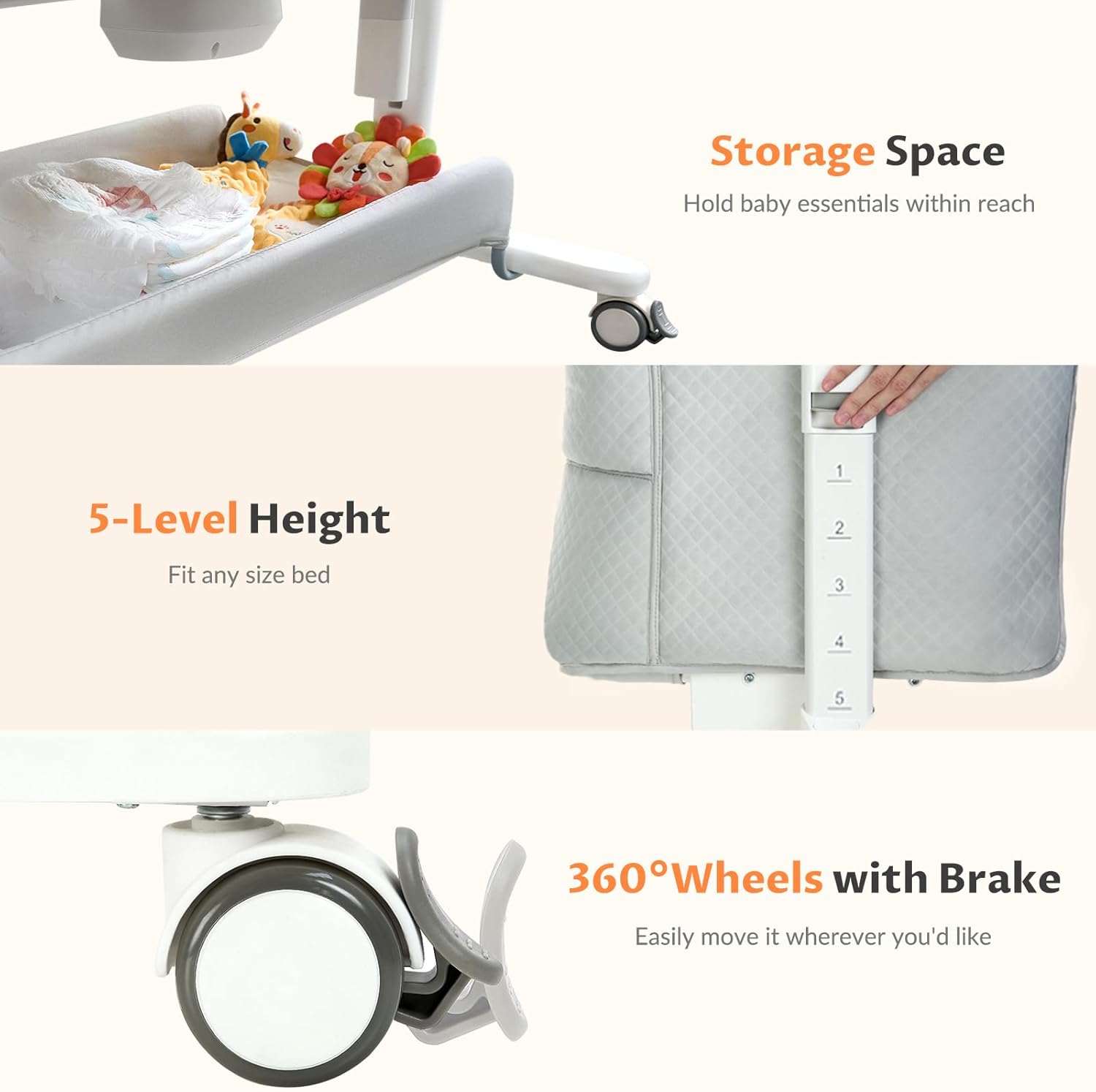 VaVaSoo Electric Rocking Bassinet for Baby 3 Speeds Automatic Bedside Sleeper Auto Rolling Newborn Cradle Rocks Itself 5 Height Adjustable with Music, Wheels, Storage, Grey & White - Image 7