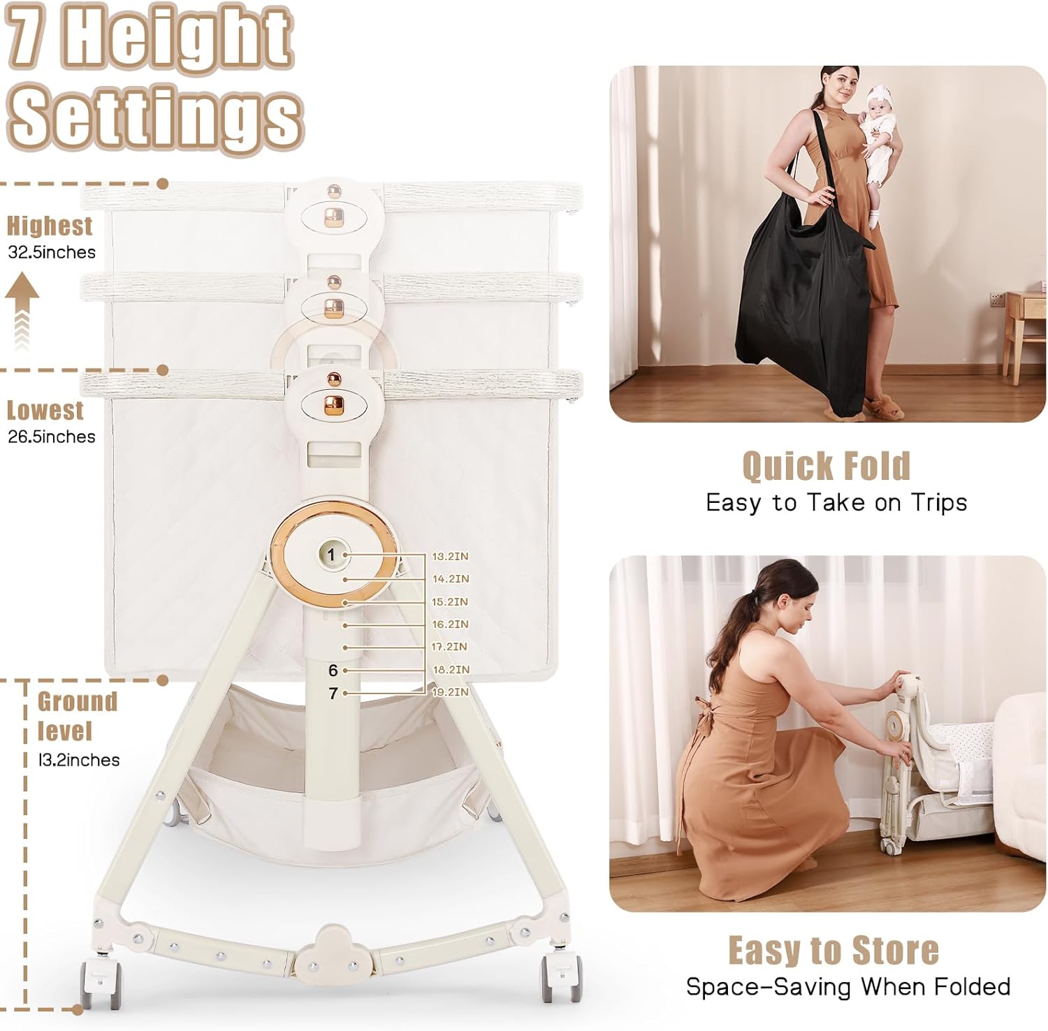 Baby Bassinets Bedside Sleeper 5 in 1,Bedside Bassinet for Baby with Mattress,Diaper changer, Storage Layer,Mosquito Net,7-level adjustable height , one-touch folding for travel with infants(Beige) - Image 3