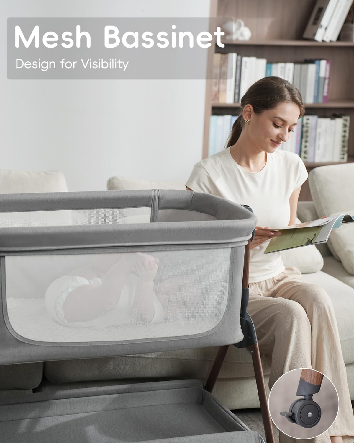 Winchild Bassinet - Baby Bassinet,3-in-1 Baby Bassinet Bedside Sleeper, Rocking Bassinet with Wheels,Comfy Mattress,Breathable Mesh,Storage,6 Height Adjustable Crib, for Day and Night(Mesh Grey) - Image 5