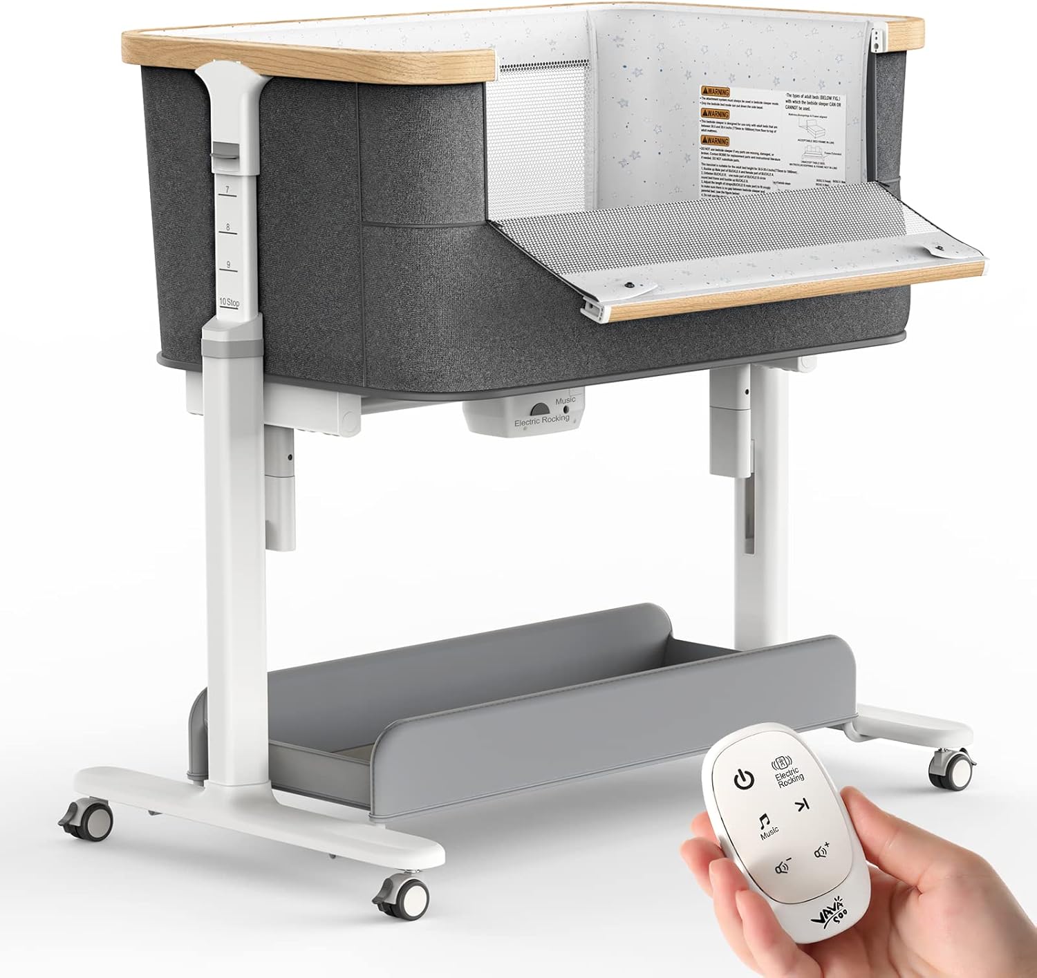 VaVaSoo Electric Rocking Bassinet for Baby 3 Speeds Automatic Bedside Sleeper Auto Rolling Newborn Cradle Rocks Itself 5 Height Adjustable with Music, Wheels, Storage, Grey & White - Image 9