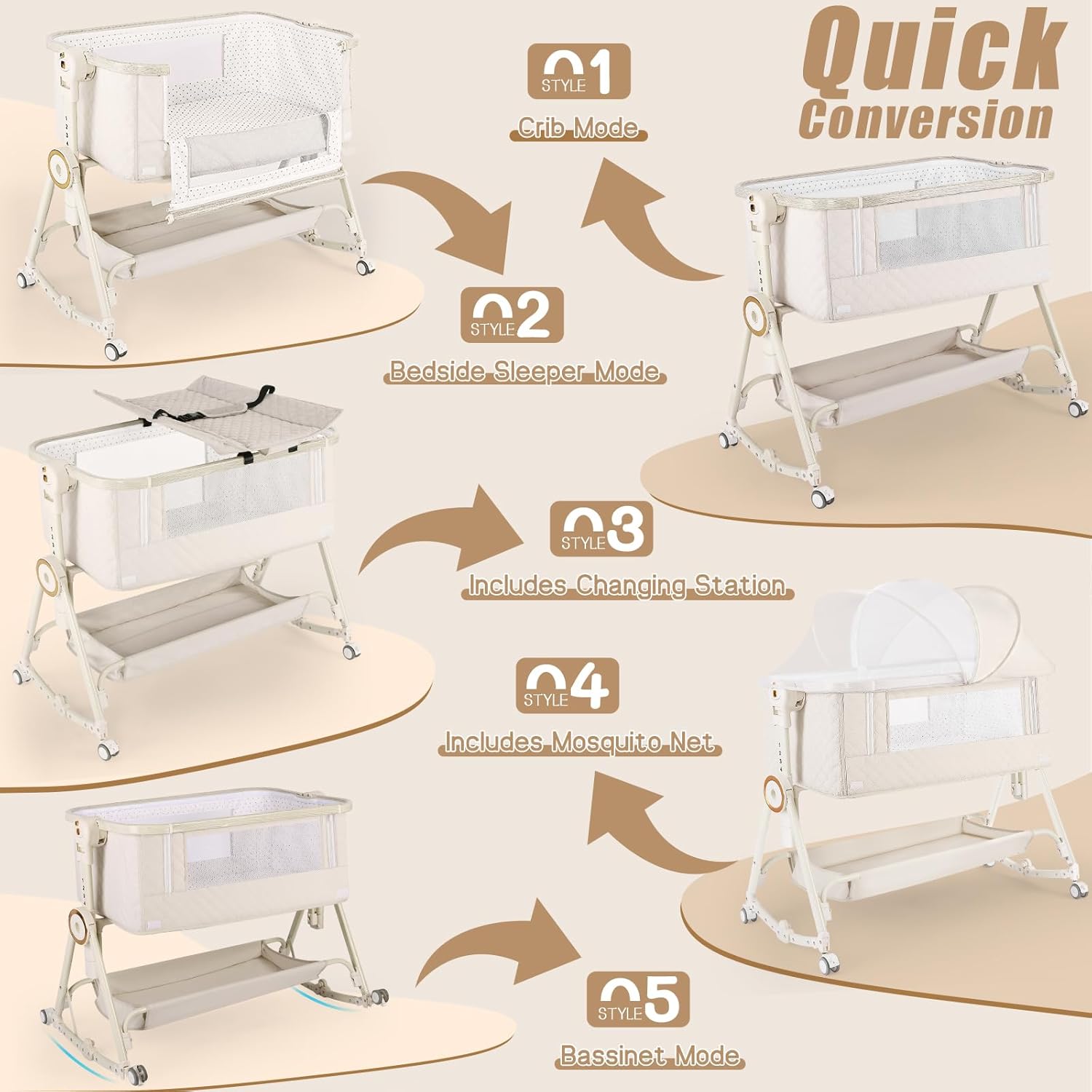 Baby Bassinets Bedside Sleeper 5 in 1,Bedside Bassinet for Baby with Mattress,Diaper changer, Storage Layer,Mosquito Net,7-level adjustable height , one-touch folding for travel with infants(Beige) - Image 4