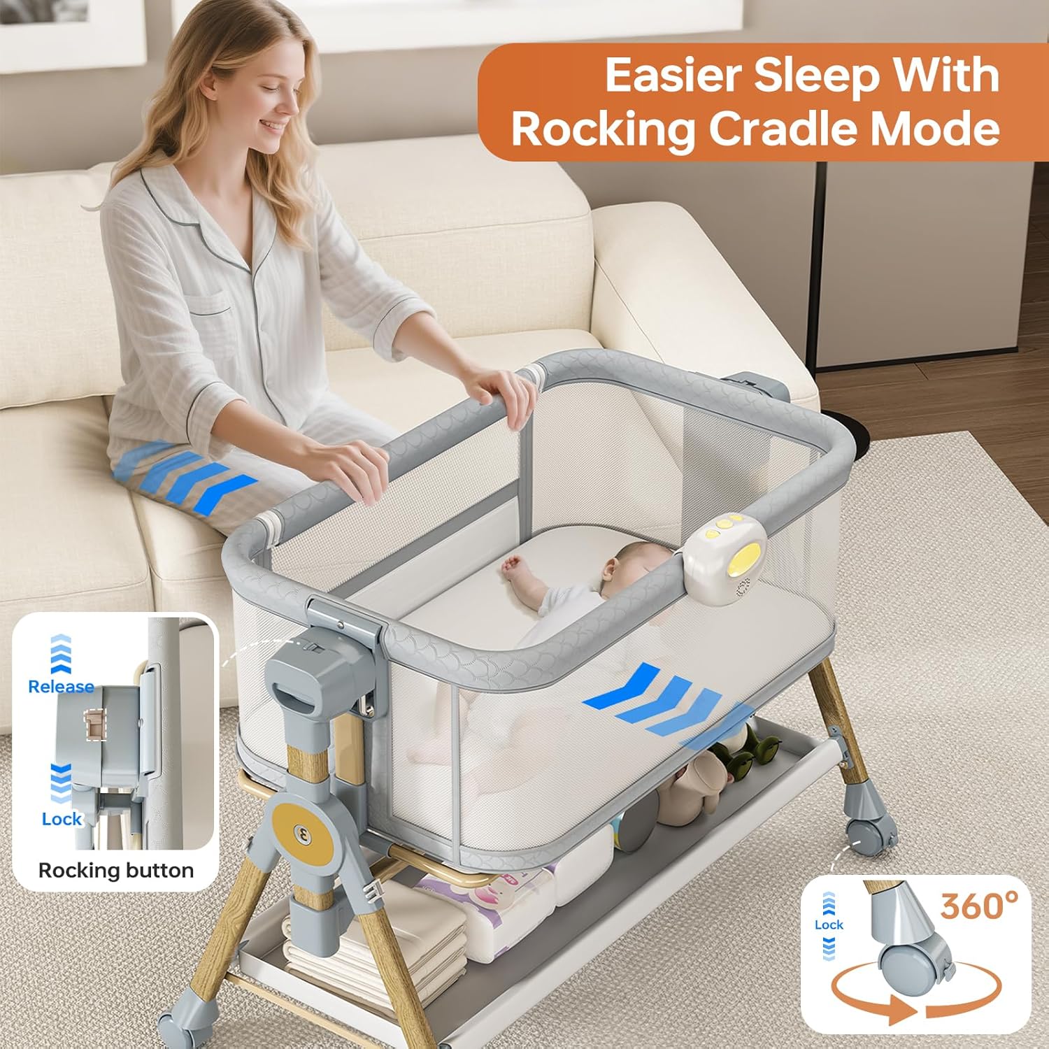 Alternative view of 3 in 1 Baby Bassinet Bedside Sleeper, Rocking Bassinet for Baby with Wheels, Music Night Light, Storage Basket, Mattress, Adjustable Height, Portable Rocking Bedside Sleeper for Newborn Infant