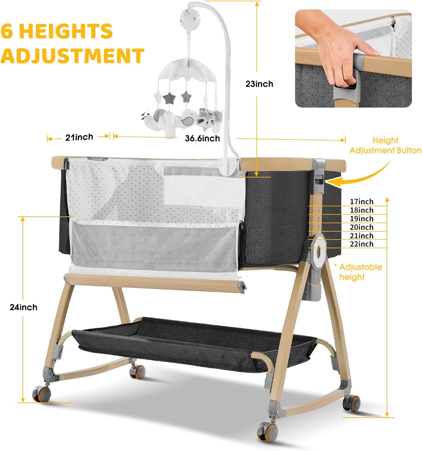 Bedside Bassinet,Bassinet Bedside Sleeper,Rocking Bassinet,3 in 1 Portable Bedside Crib with Mattress,Mobile,Mosquito Net,Storage Basket,6-Height Adjustable Bassinet with Wheels for Newborn,Deep Grey