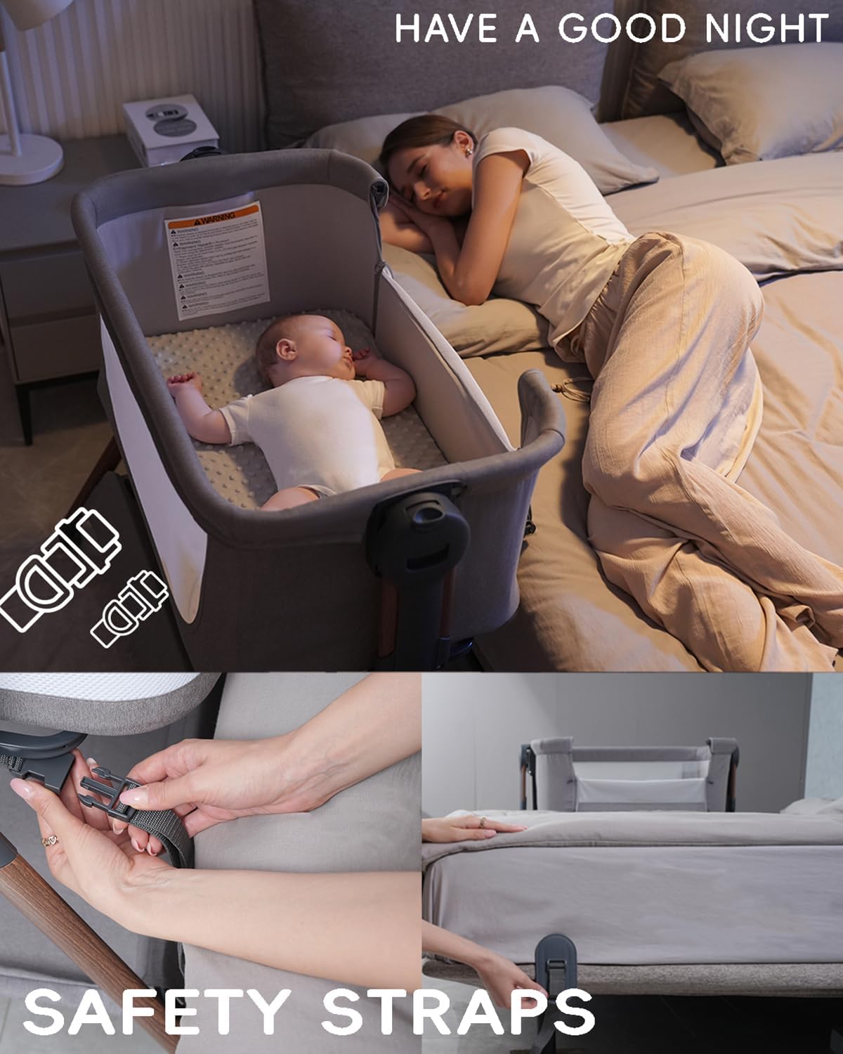 Winchild Bassinet - Baby Bassinet,3-in-1 Baby Bassinet Bedside Sleeper, Rocking Bassinet with Wheels,Comfy Mattress,Breathable Mesh,Storage,6 Height Adjustable Crib, for Day and Night(Mesh Grey) - Image 6