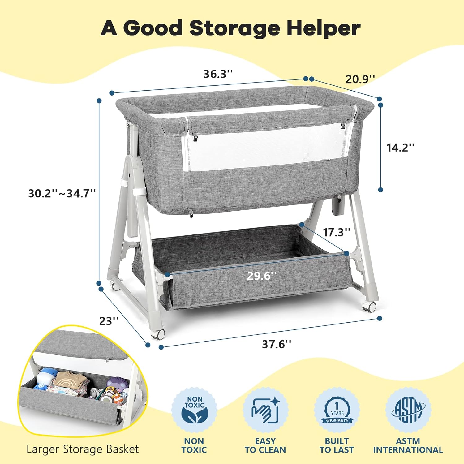 Cowiewie Baby Bassinet Bedside Crib,3-in-1 Baby Bassinet with Comfy Mattress & Wheel,Easy Folding Portable Bedside Bassinet for Baby with Storage,Travel Bag,Breathable Mesh,Stable & Secure,Light Grey