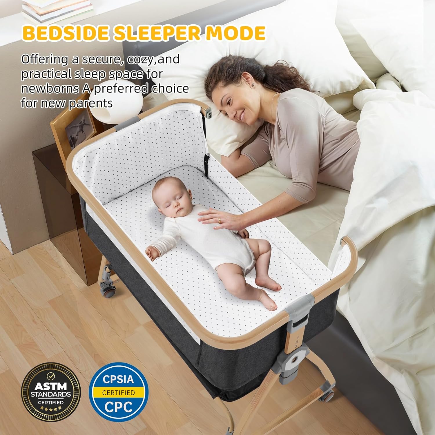 Alternative view of Bedside Bassinet,Bassinet Bedside Sleeper,Rocking Bassinet,3 in 1 Portable Bedside Crib with Mattress,Mobile,Mosquito Net,Storage Basket,6-Height Adjustable Bassinet with Wheels for Newborn,Deep Grey