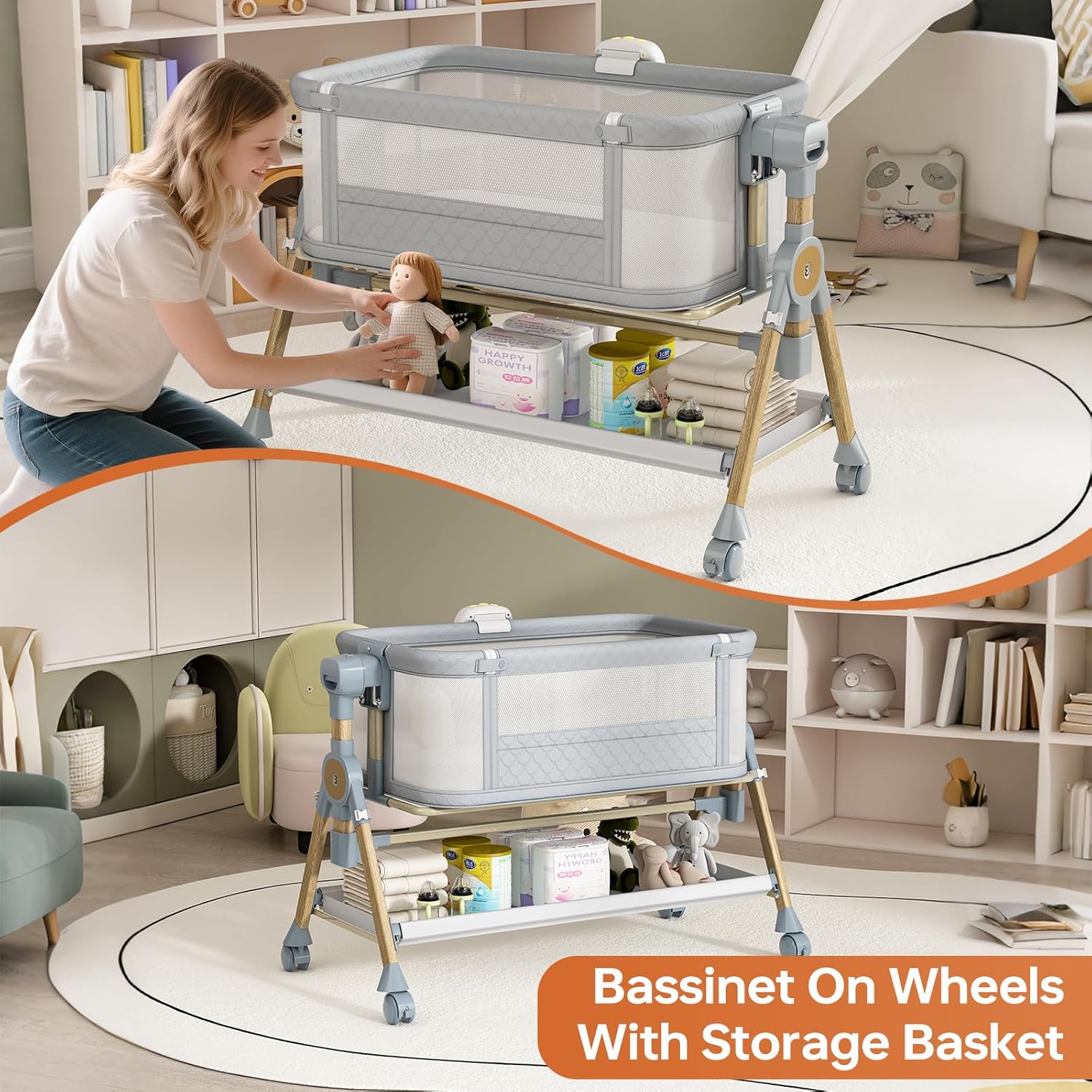 3 in 1 Baby Bassinet Bedside Sleeper, Rocking Bassinet for Baby with Wheels, Music Night Light, Storage Basket, Mattress, Adjustable Height, Portable Rocking Bedside Sleeper for Newborn Infant - Image 3