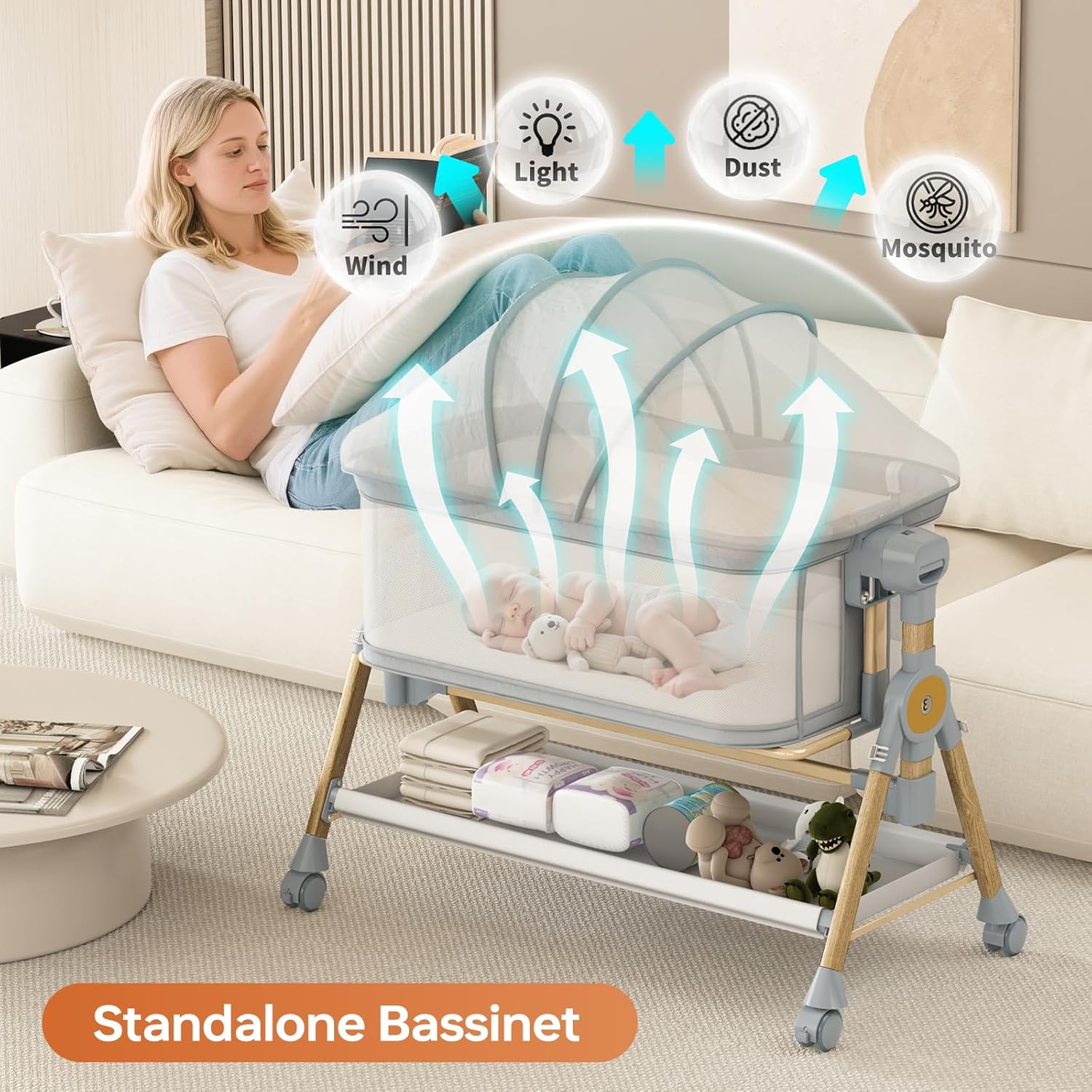 3 in 1 Baby Bassinet Bedside Sleeper, Rocking Bassinet for Baby with Wheels, Music Night Light, Storage Basket, Mattress, Adjustable Height, Portable Rocking Bedside Sleeper for Newborn Infant - Image 4