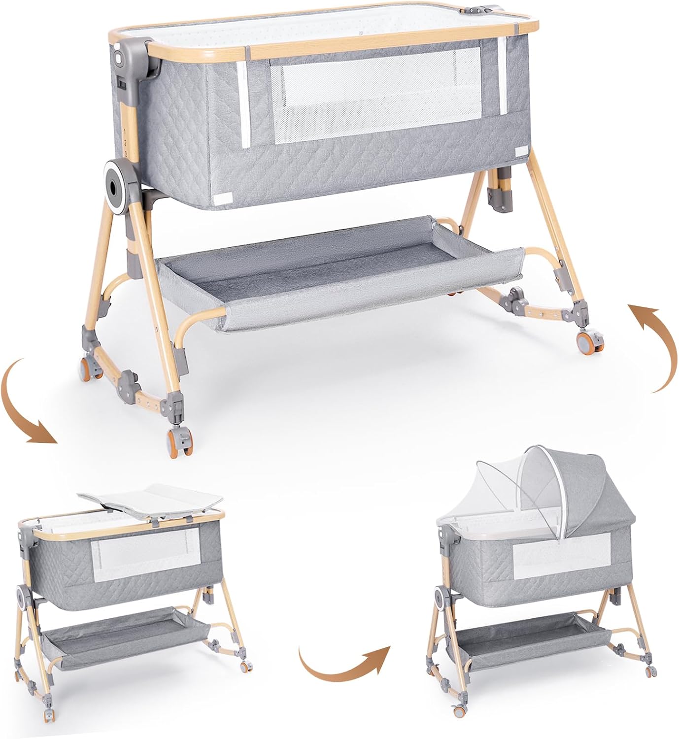 Baby Bassinets Bedside Sleeper 5 in 1,Bedside Bassinet for Baby with Mattress,Diaper changer, Storage Layer,Mosquito Net,7-level adjustable height , one-touch folding for travel with infants(Beige) - Image 6