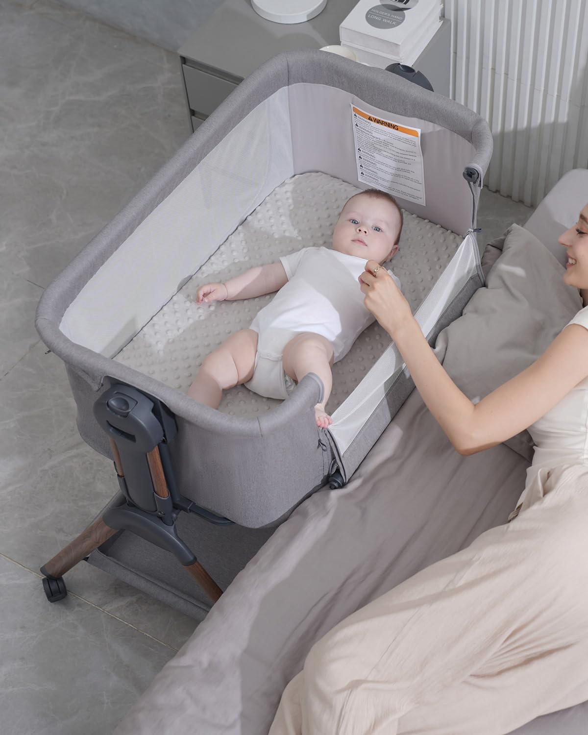 Winchild Bassinet - Baby Bassinet,3-in-1 Baby Bassinet Bedside Sleeper, Rocking Bassinet with Wheels,Comfy Mattress,Breathable Mesh,Storage,6 Height Adjustable Crib, for Day and Night(Mesh Grey) - Image 8