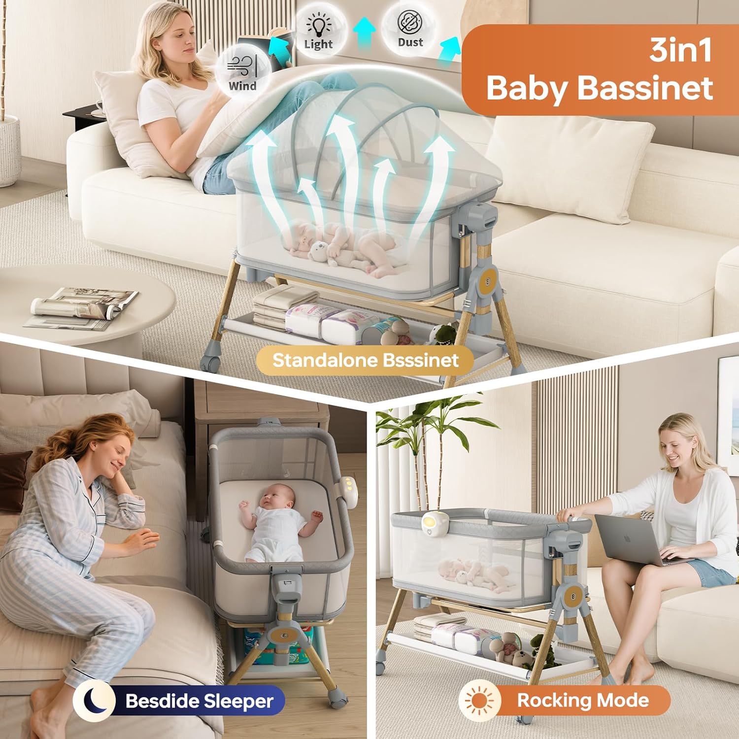 3 in 1 Baby Bassinet Bedside Sleeper, Rocking Bassinet for Baby with Wheels, Music Night Light, Storage Basket, Mattress, Adjustable Height, Portable Rocking Bedside Sleeper for Newborn Infant - Image 5