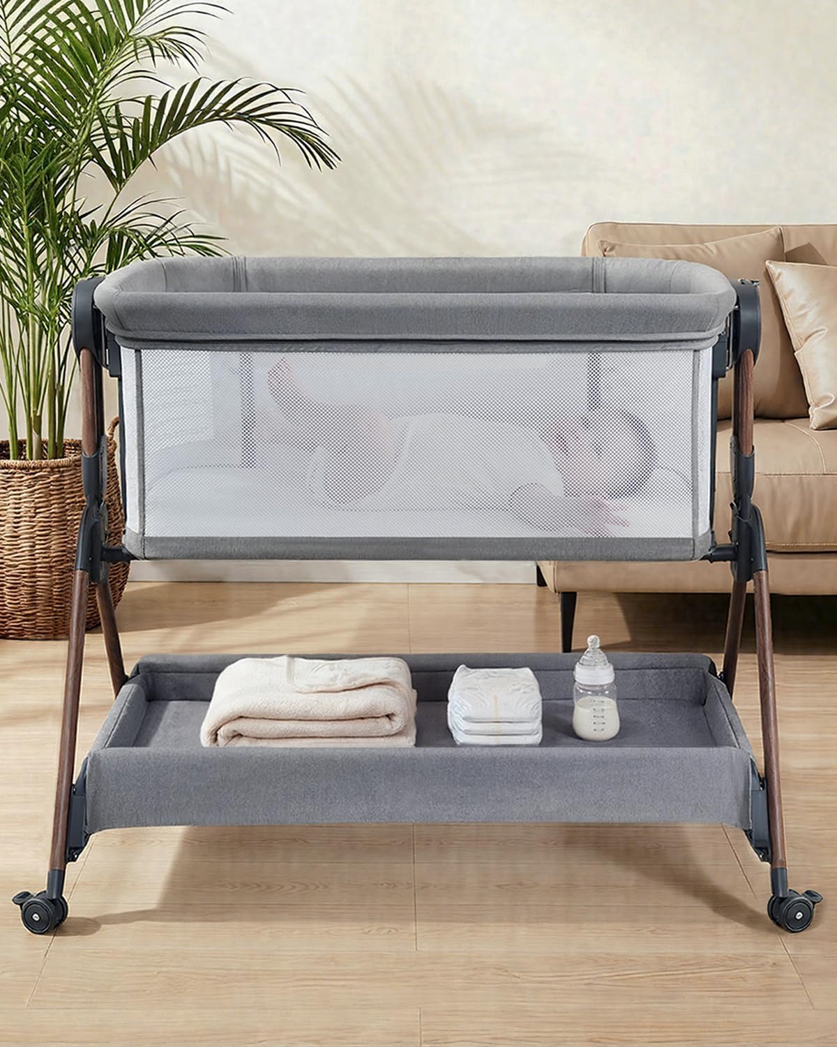 Winchild Bassinet - Baby Bassinet,3-in-1 Baby Bassinet Bedside Sleeper, Rocking Bassinet with Wheels,Comfy Mattress,Breathable Mesh,Storage,6 Height Adjustable Crib, for Day and Night(Mesh Grey) - Image 9