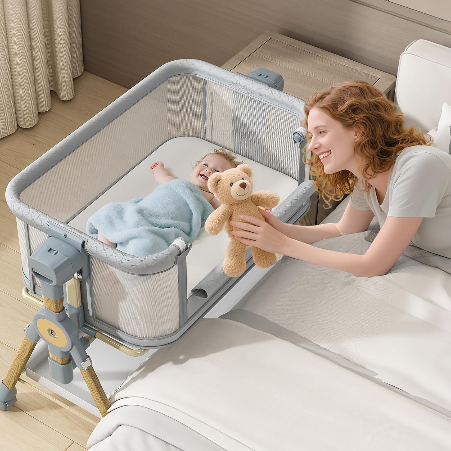 3 in 1 Baby Bassinet Bedside Sleeper, Rocking Bassinet for Baby with Wheels, Music Night Light, Storage Basket, Mattress, Adjustable Height, Portable Rocking Bedside Sleeper for Newborn Infant - Image 6