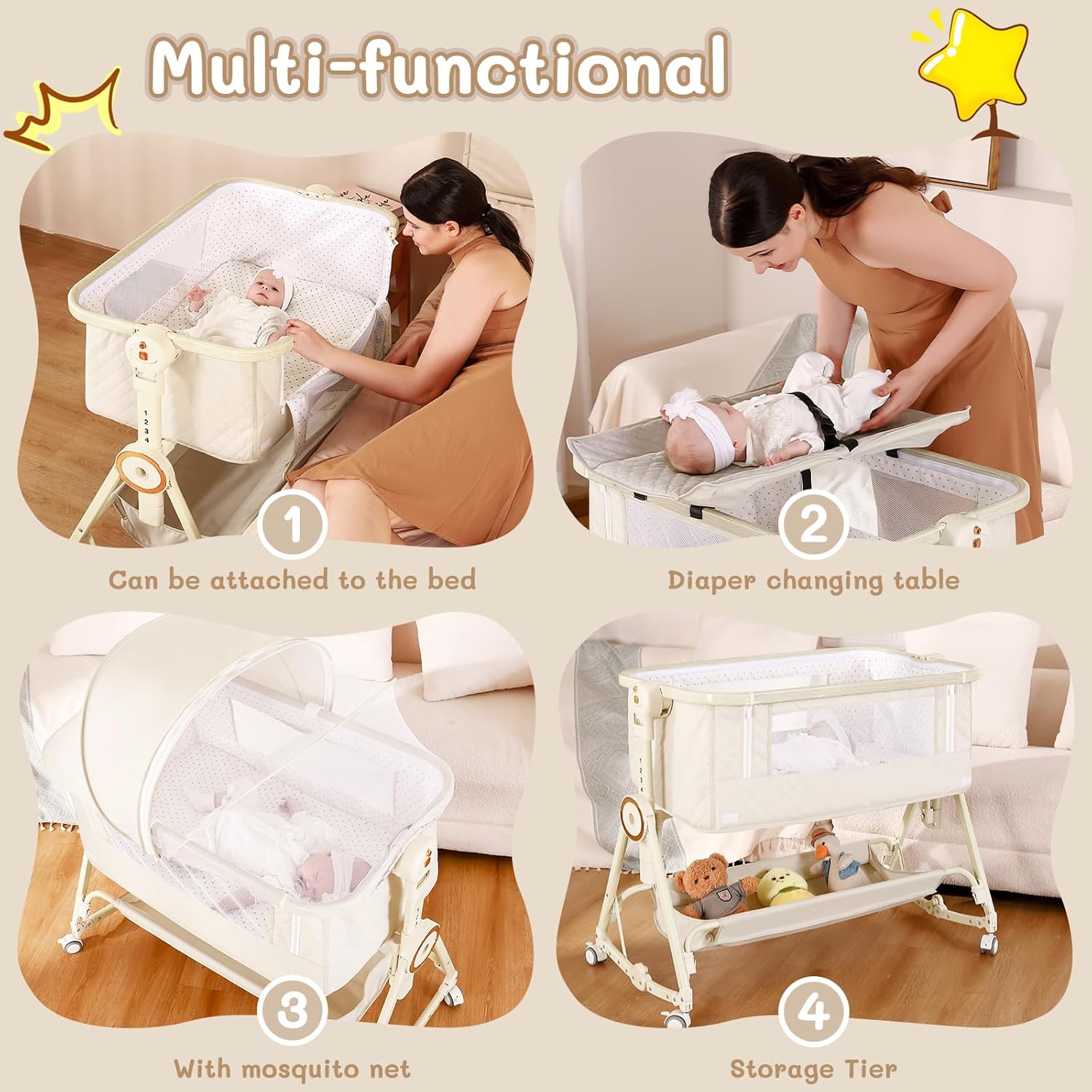 FYYWBABY Baby Bassinet 5 in 1,Baby Bedside Bassinet with Diaper Changer, Mosquito Net, Mattress, Storage Layer, Can Be Stored in One Button Travel Crib (Beige)
