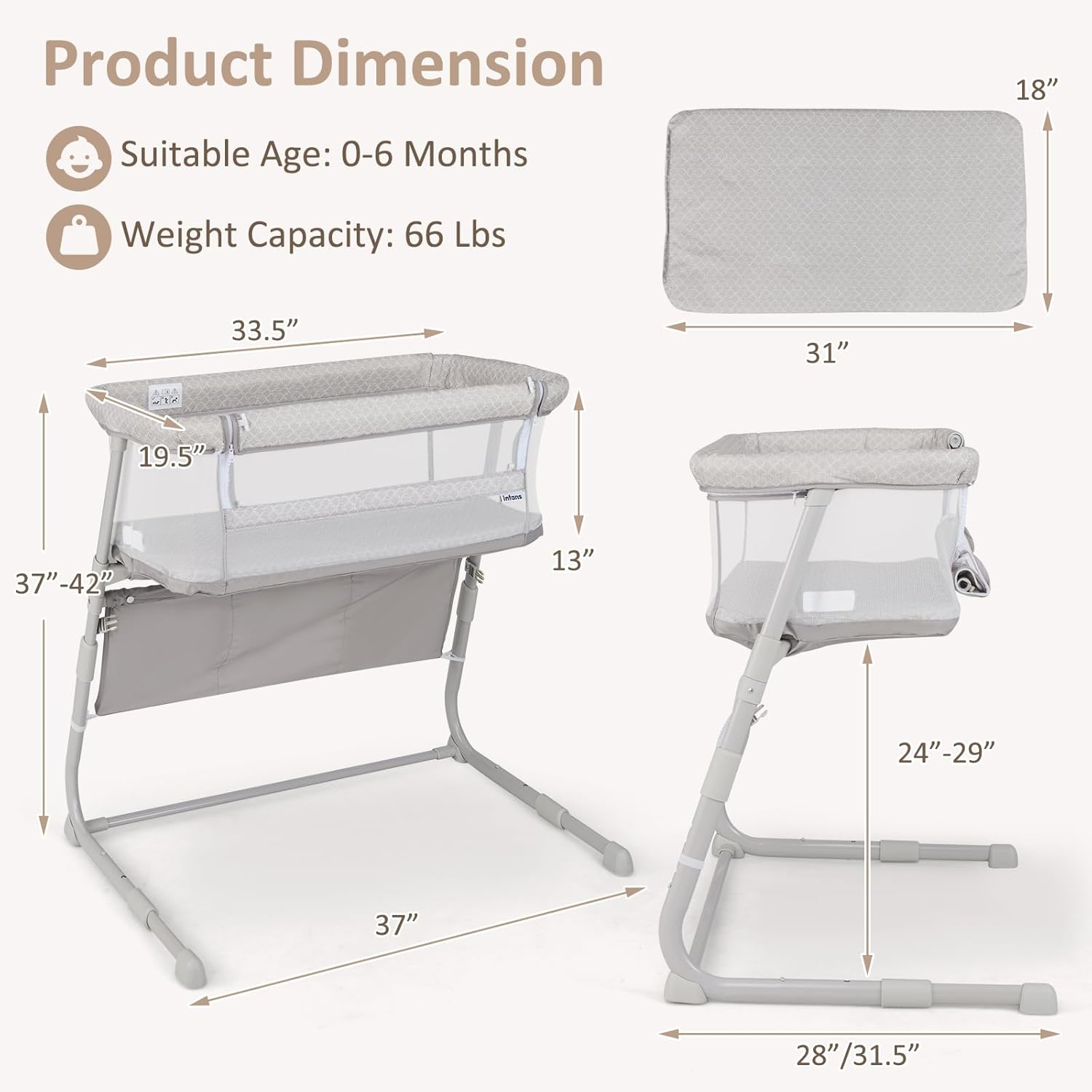 INFANS Over Bed Bassinet for Baby, Bedside Sleeper with Lowering Wall for Easy Access, Safe Close Sleeping, Adjustable Height, Storage, Newborn Infant Girls Boys (Beige)