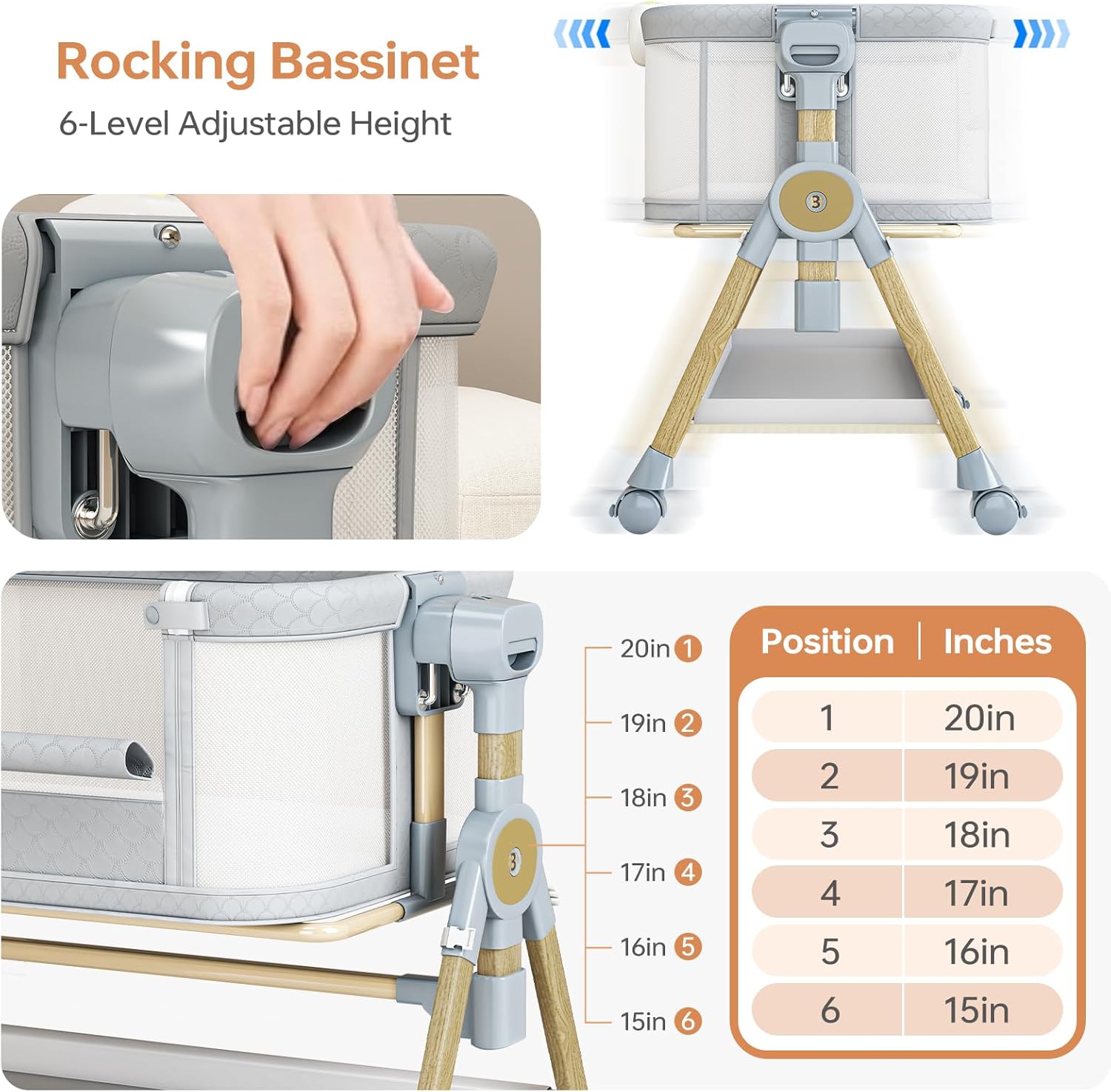 3 in 1 Baby Bassinet Bedside Sleeper, Rocking Bassinet for Baby with Wheels, Music Night Light, Storage Basket, Mattress, Adjustable Height, Portable Rocking Bedside Sleeper for Newborn Infant - Image 7