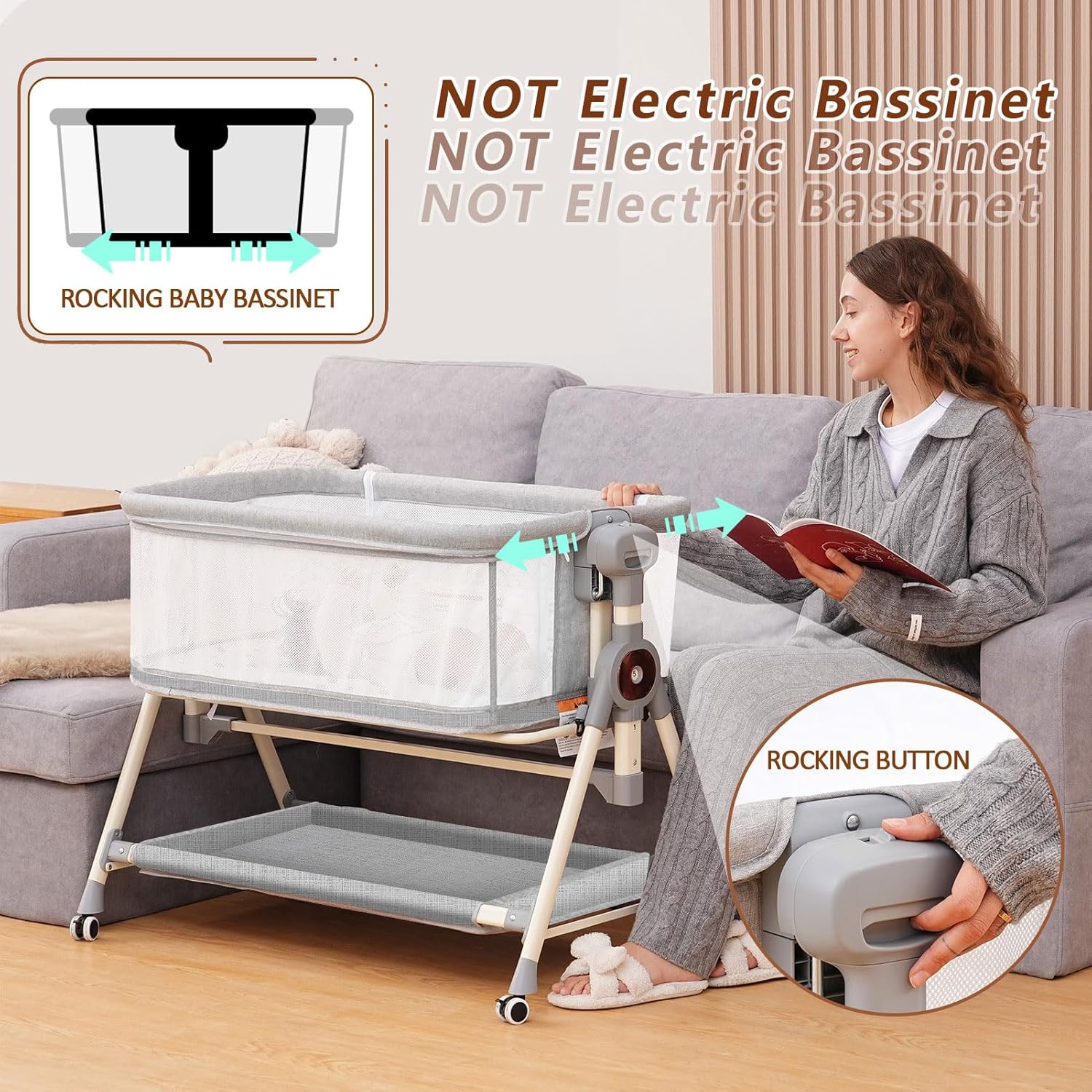 Alternative view of Hichangto Baby Bassinet,Rocking Bassinet with Waterproof Sheet,3 in 1 Baby Bassinets Bedside Sleeper,6 Height Adjustable Bedside Bassinet for Newborn(Grey)