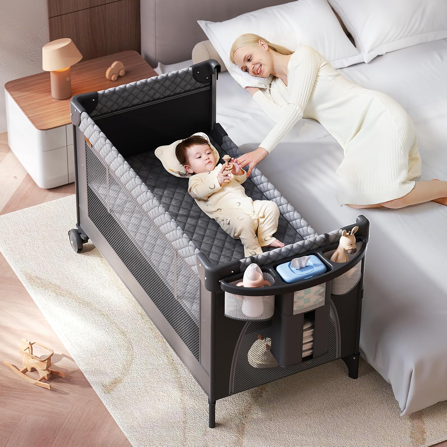 kingobabys 4 in 1 Baby Bassinet,Pack and Play,Bedside Crib Sleeper,Baby Bassinets Bedside Sleeper with Diaper Changer, Mosquito Net,Bottom Storage and Toy Bar for Newborn to Toddles (Grey)