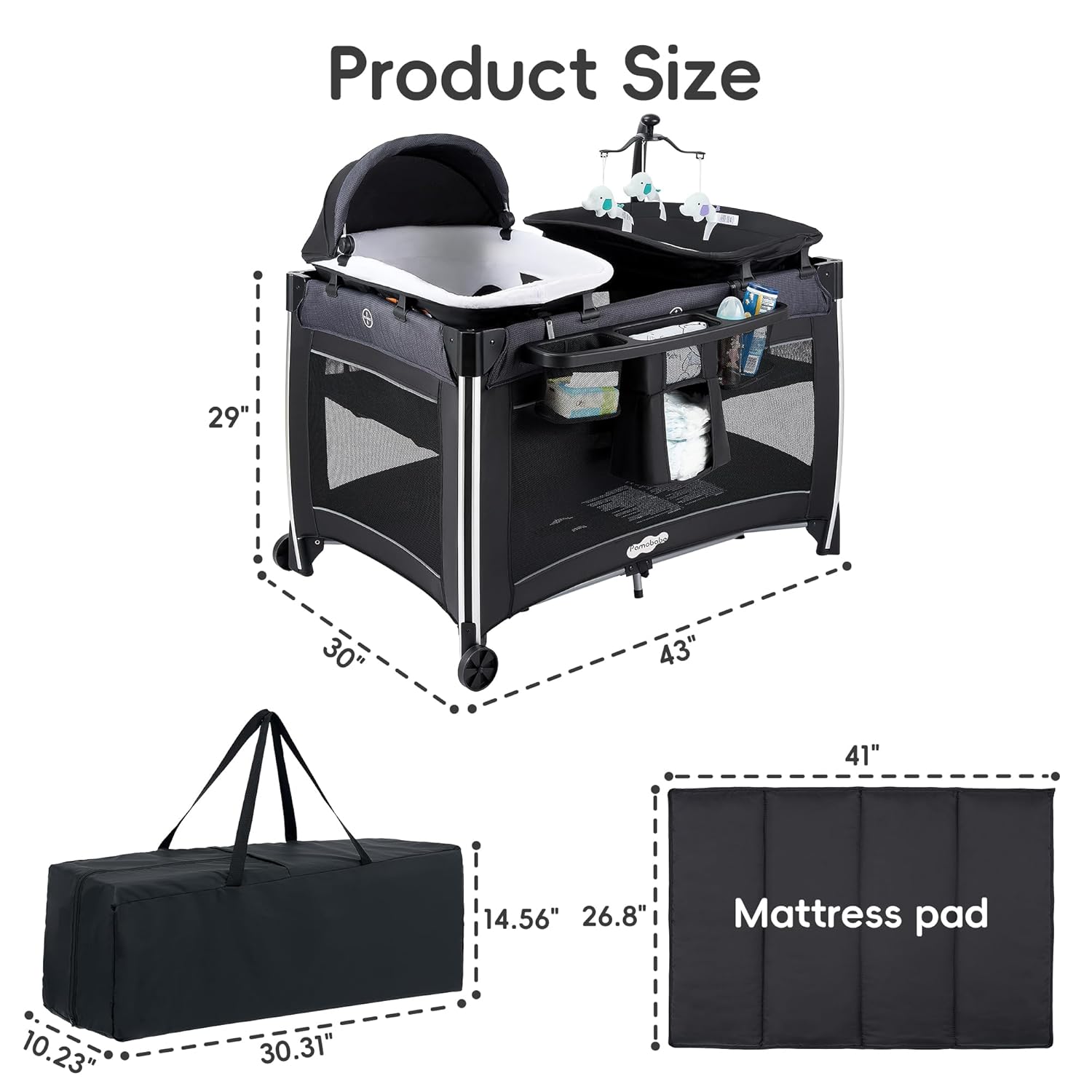 Pamo Babe 4 in 1 Baby Playards with Bassinet & Changing Table, Portable Crib Breathable Mesh and Toy Mobile