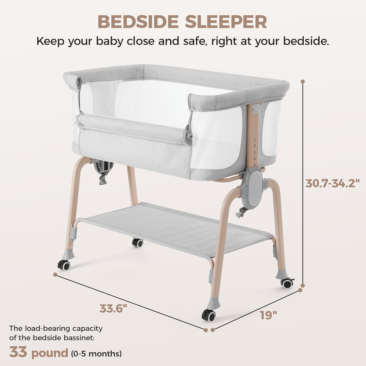 Cowiewie Bassinet Bedside Sleeper, Breathable Baby Bedside Bassinet and Mattress, Lightweight and Portable for Bedside Sleeping, Light Grey
