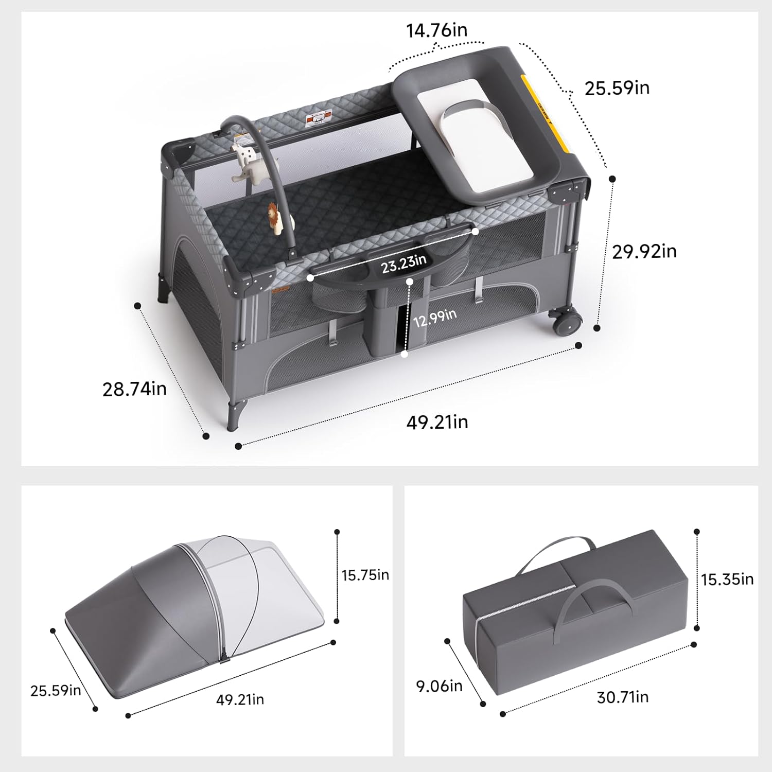Alternative view of kingobabys 4 in 1 Baby Bassinet,Pack and Play,Bedside Crib Sleeper,Baby Bassinets Bedside Sleeper with Diaper Changer, Mosquito Net,Bottom Storage and Toy Bar for Newborn to Toddles (Grey)