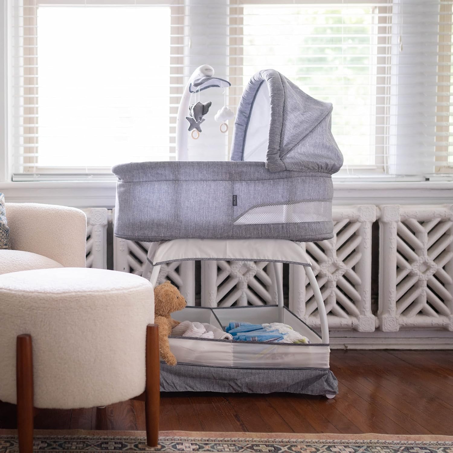 TruBliss Baby Sweetli Deluxe Infant Bassinet Bedside Crib Sleeper with Play2Sleep Electric Mobile, Room Temperature and Humidity Indicator, Feeding Reminder, Nightlight, Vibration (Grey Melange)