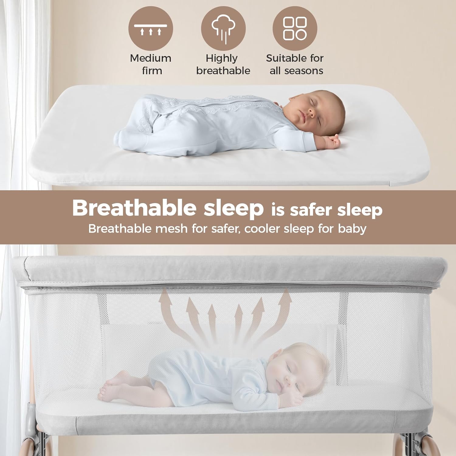 Alternative view of Cowiewie Bassinet Bedside Sleeper, Breathable Baby Bedside Bassinet and Mattress, Lightweight and Portable for Bedside Sleeping, Light Grey