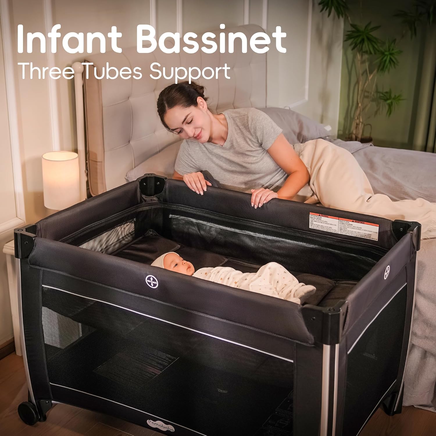 Pamo Babe 4 in 1 Baby Playards with Bassinet & Changing Table, Portable Crib Breathable Mesh and Toy Mobile - Image 3