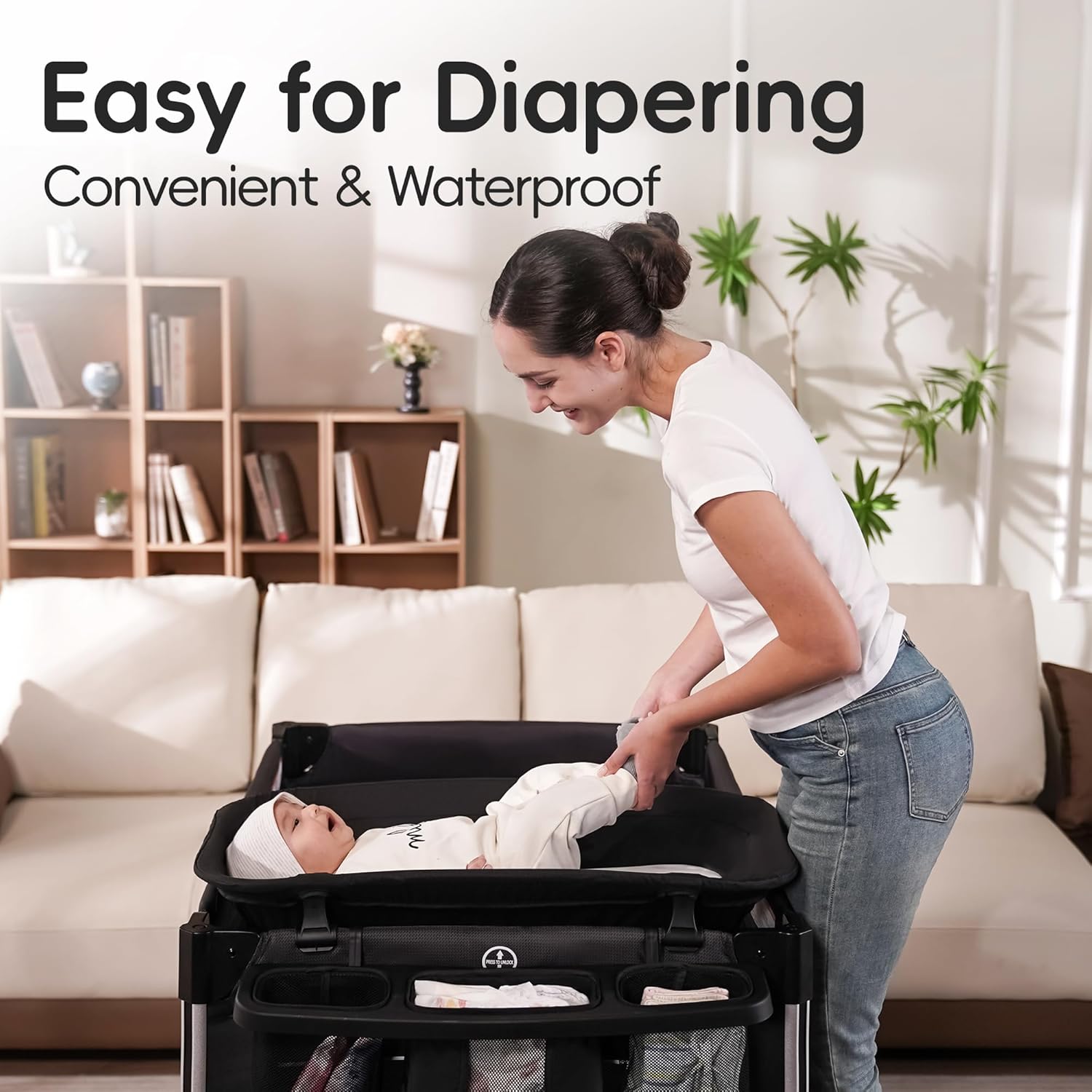 Pamo Babe 4 in 1 Baby Playards with Bassinet & Changing Table, Portable Crib Breathable Mesh and Toy Mobile - Image 5