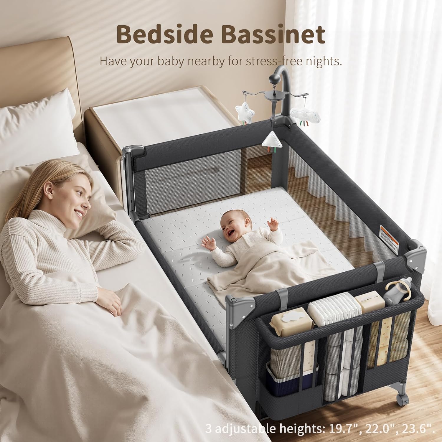 Alternative view of GAIVE 4 in 1 Baby Bassinet, One-Push Setup Pack and Play, Bedside Crib Sleeper with 3 Height Adjustable，Diaper Changer, Come with Comfy Mattress, Rotating Toy Bar, from Infants to Toddlers (Black)