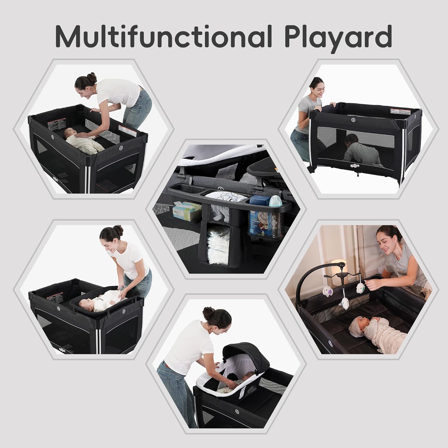 Pamo Babe 4 in 1 Baby Playards with Bassinet & Changing Table, Portable Crib Breathable Mesh and Toy Mobile - Image 6