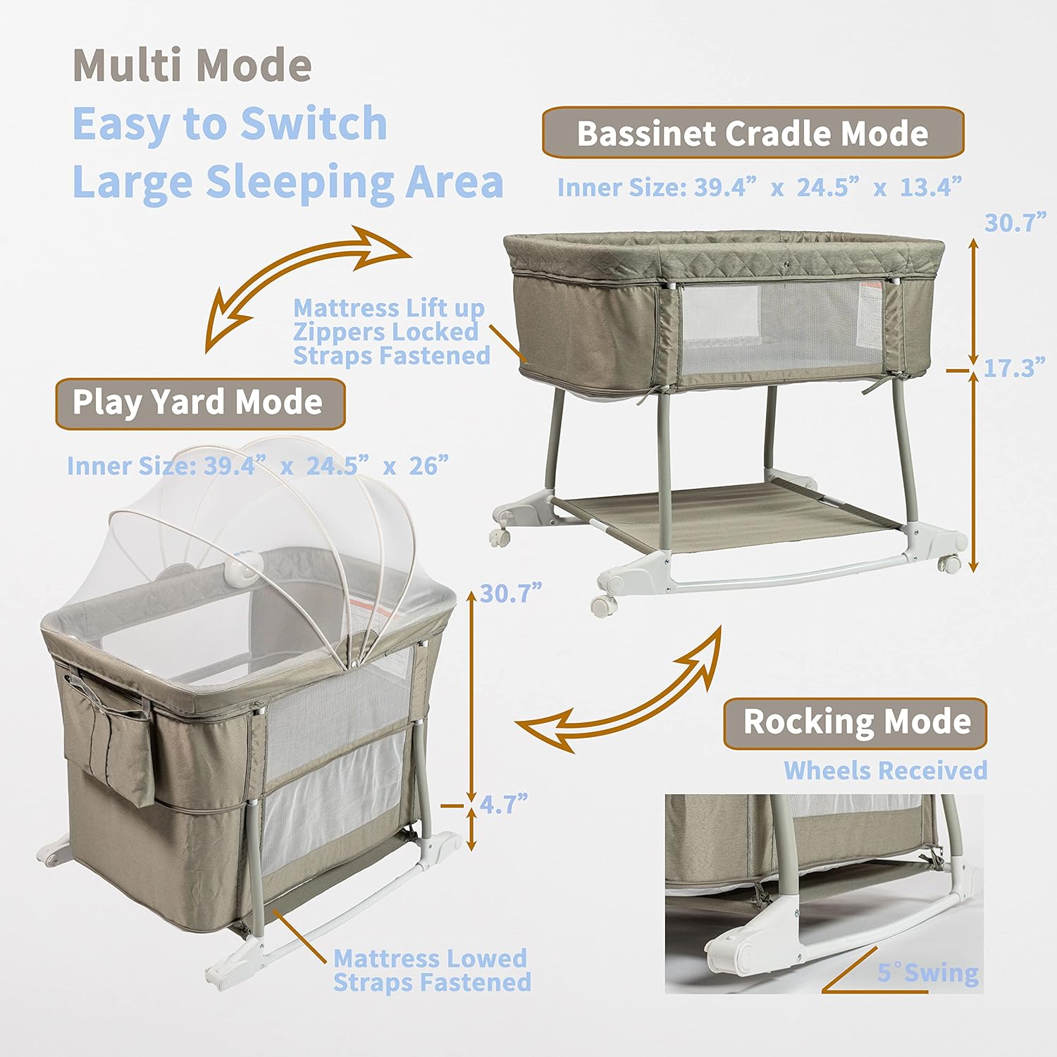 Alternative view of RTUSAS Newborn Portable Bassinet on Wheels for Baby 3 in 1 Bedside Sleeper Rocking Crib Playard with Breathable Mesh Cover Detachable Mosquito Net and Music Box Multi Mode(Light Grey)