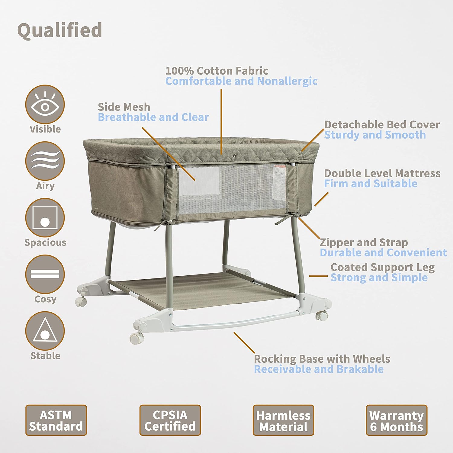 RTUSAS Newborn Portable Bassinet on Wheels for Baby 3 in 1 Bedside Sleeper Rocking Crib Playard with Breathable Mesh Cover Detachable Mosquito Net and Music Box Multi Mode(Light Grey) - Image 3