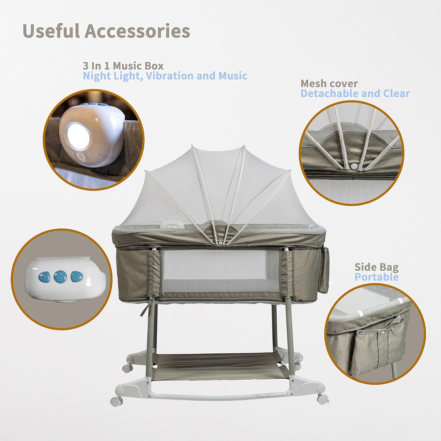RTUSAS Newborn Portable Bassinet on Wheels for Baby 3 in 1 Bedside Sleeper Rocking Crib Playard with Breathable Mesh Cover Detachable Mosquito Net and Music Box Multi Mode(Light Grey) - Image 4