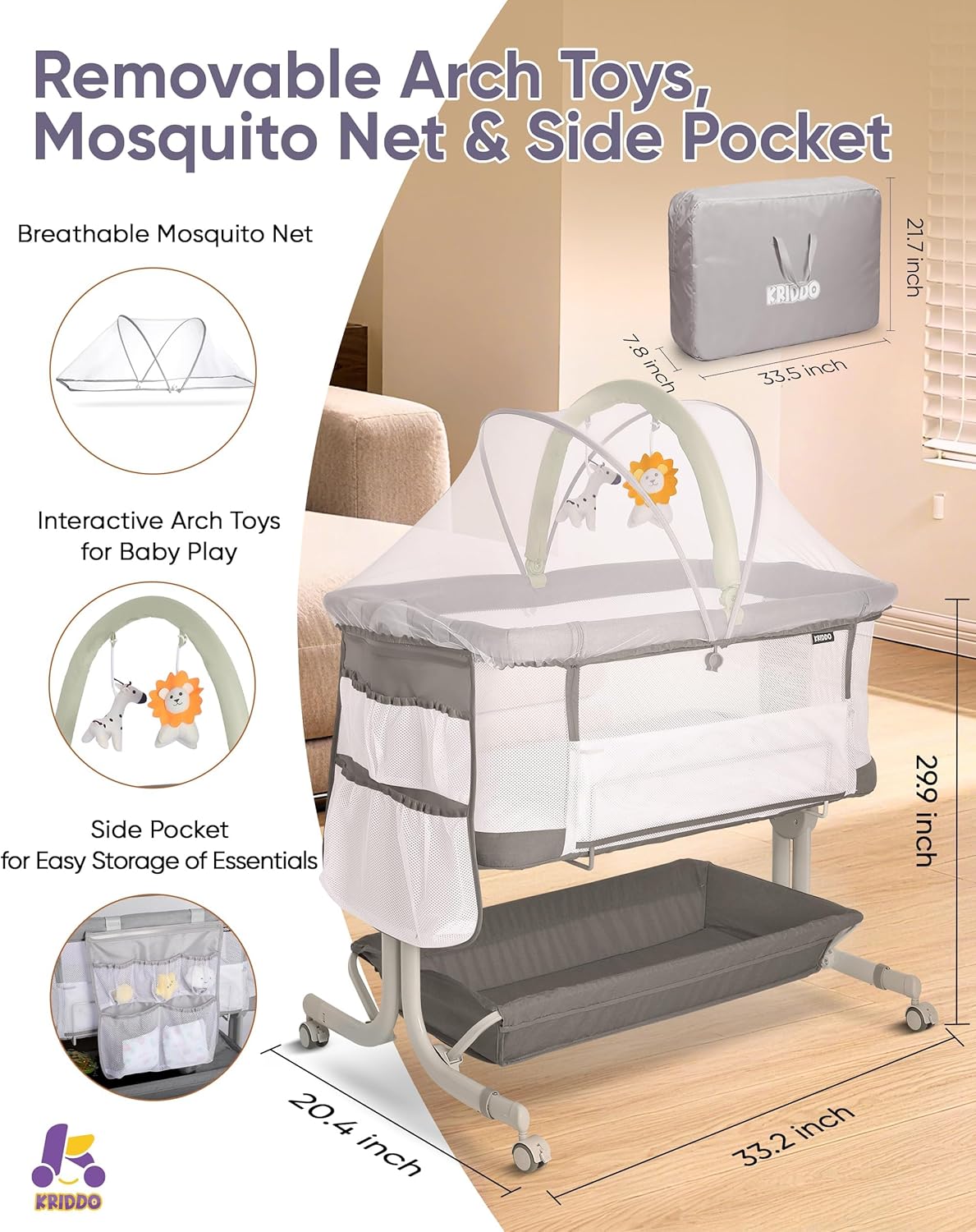 KRIDDO 2-in-1 Baby Bassinet for Infant, Bedside Bassinet with All-around Breathable Mesh, Lockable Wheels, Adjustable Height and Incline, Bedside Sleeper for Baby with Large Storage Basket, Light Grey