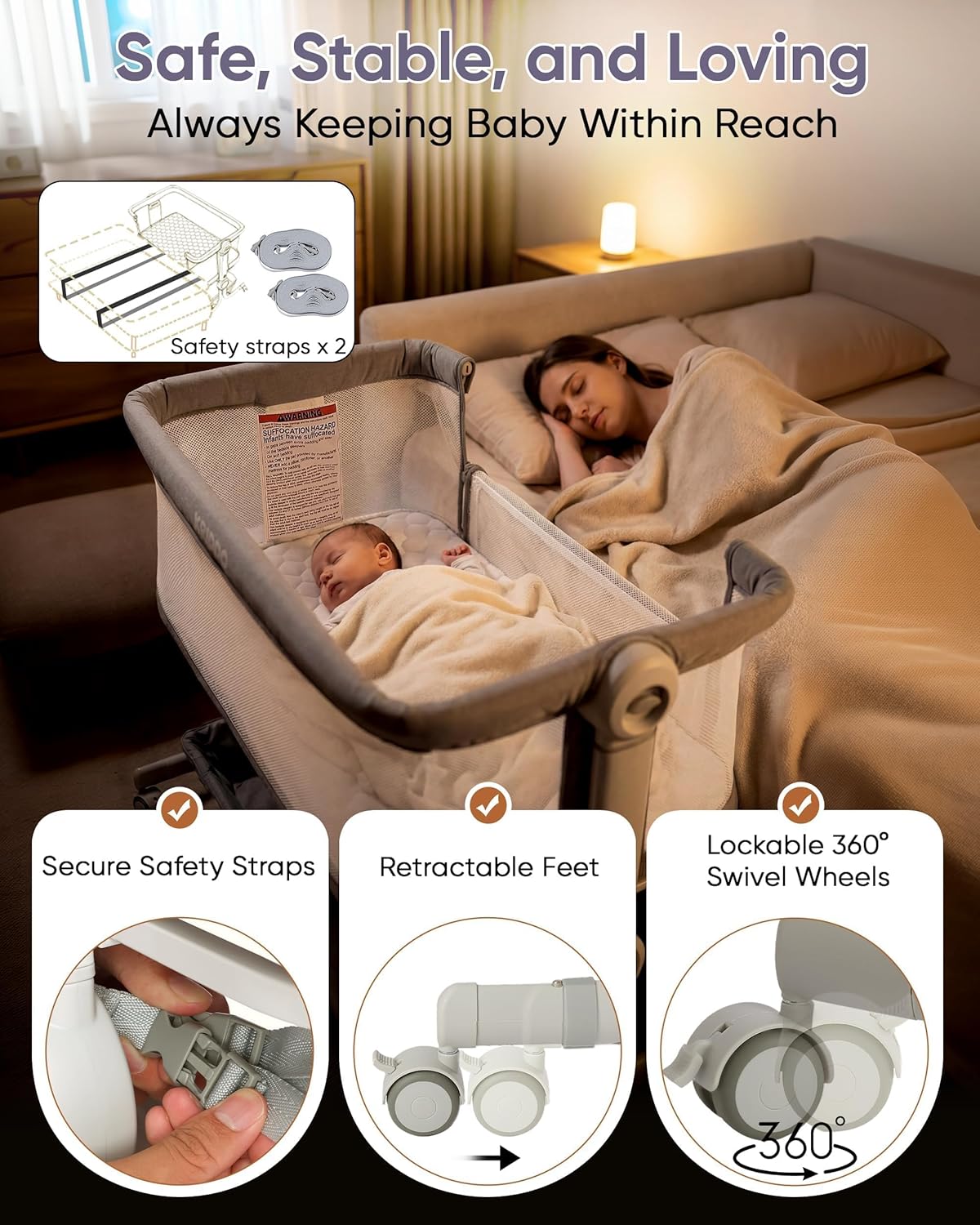 Alternative view of KRIDDO 2-in-1 Baby Bassinet for Infant, Bedside Bassinet with All-around Breathable Mesh, Lockable Wheels, Adjustable Height and Incline, Bedside Sleeper for Baby with Large Storage Basket, Light Grey