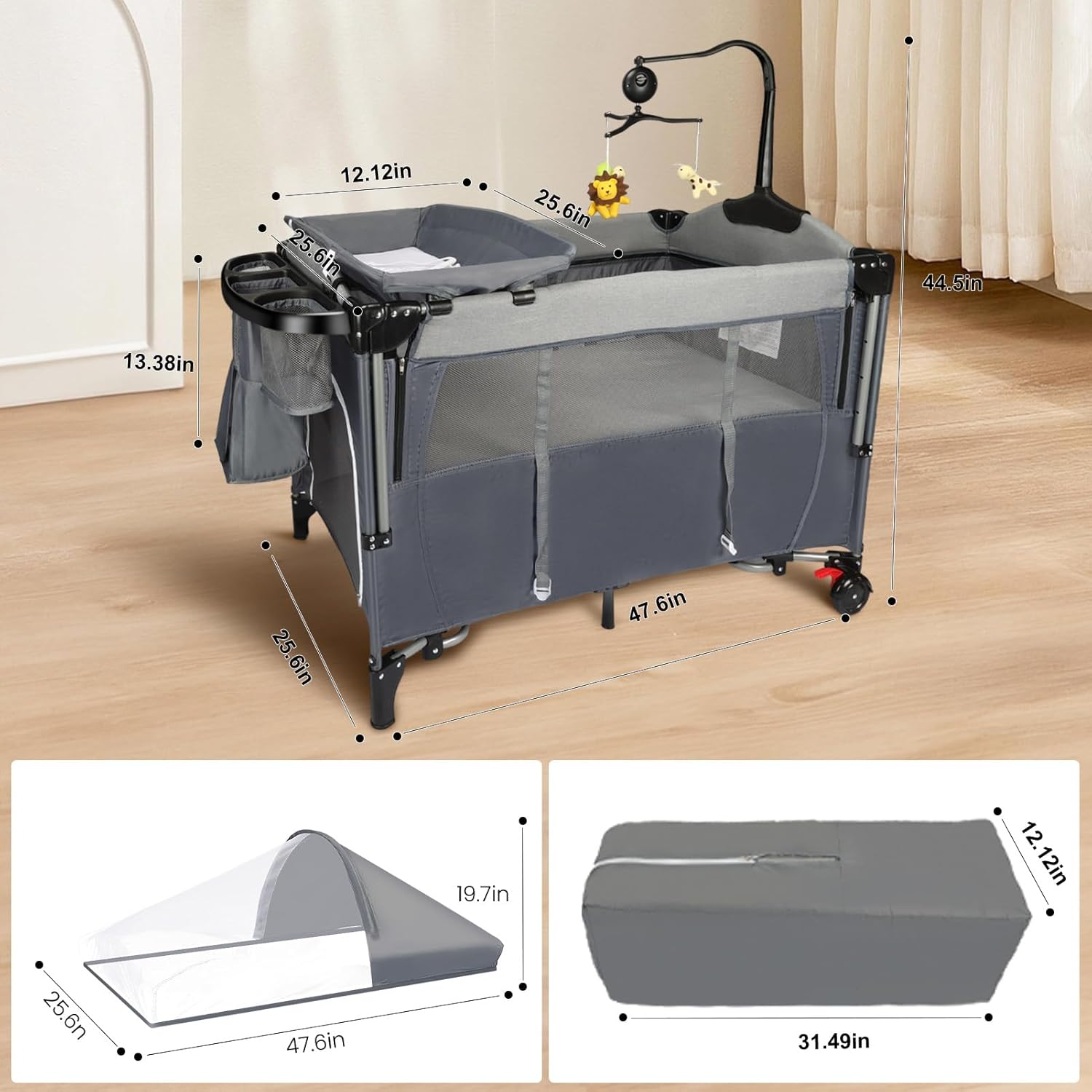 5 in 1 Pack and Play Baby Bassinet, Bedside Crib Sleeper, Portable Baby Crib with Diaper Changer, Storage Rack& Music Box Toy Bar, 1-Step Assembly Foldable Playard for Newborn to Toddlers