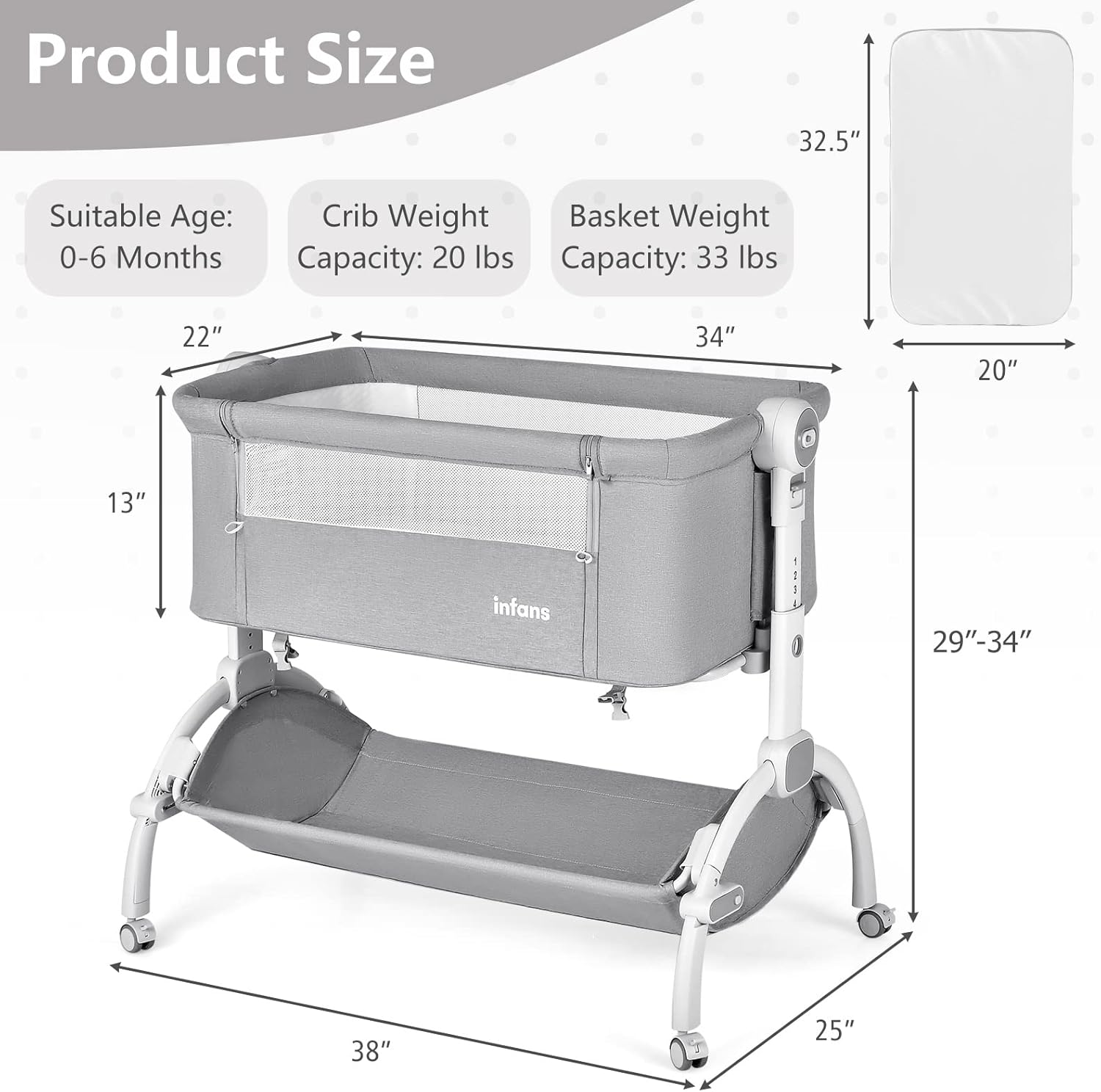 INFANS 3 in 1 Baby Bassinet, Bedside Sleeper, Rocking Cradle, Easy Folding Portable Safer Co-Sleeping Crib with Height Adjustable, Wheels Storage Basket Travel Bag for Infant Newborn (Gray)