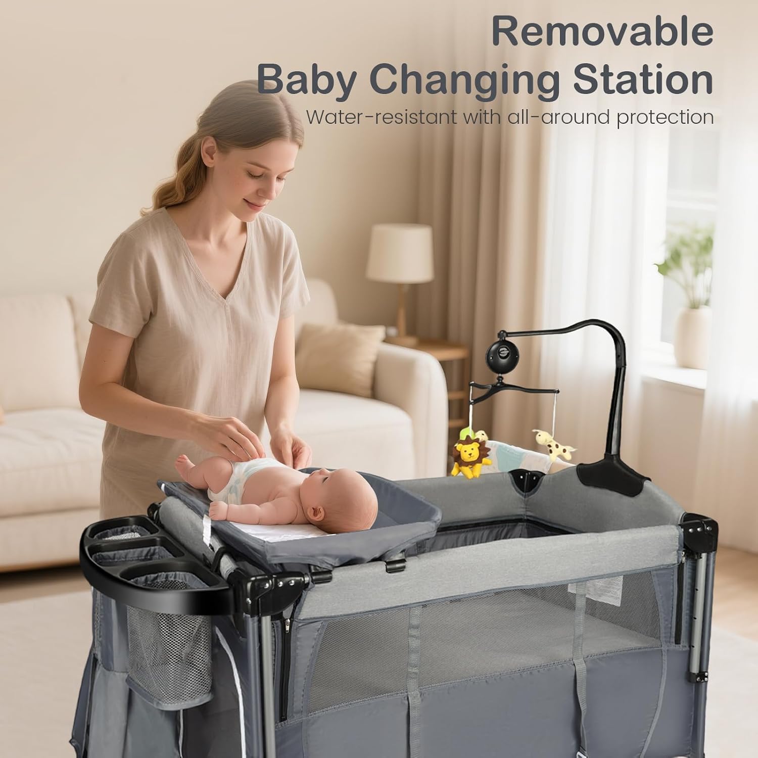 Alternative view of 5 in 1 Pack and Play Baby Bassinet, Bedside Crib Sleeper, Portable Baby Crib with Diaper Changer, Storage Rack& Music Box Toy Bar, 1-Step Assembly Foldable Playard for Newborn to Toddlers