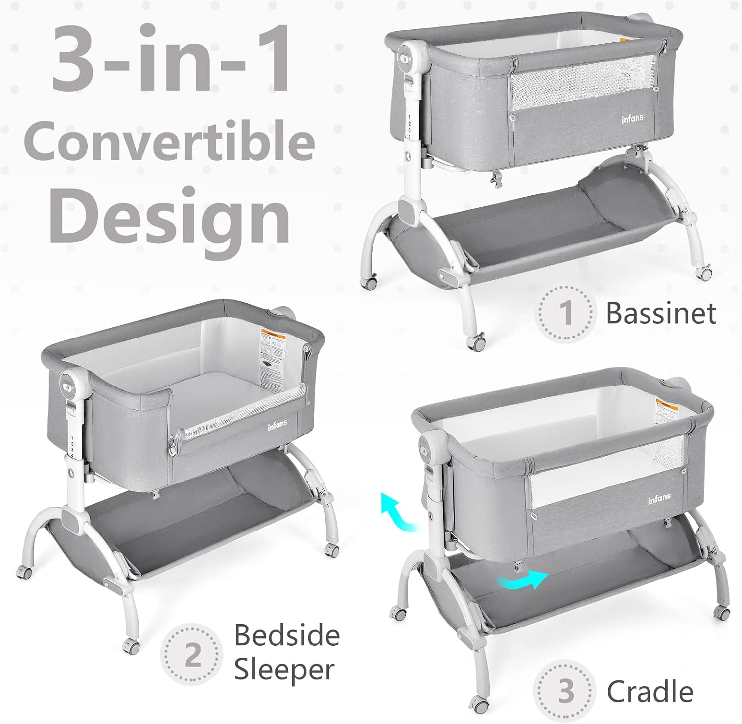 Alternative view of INFANS 3 in 1 Baby Bassinet, Bedside Sleeper, Rocking Cradle, Easy Folding Portable Safer Co-Sleeping Crib with Height Adjustable, Wheels Storage Basket Travel Bag for Infant Newborn (Gray)