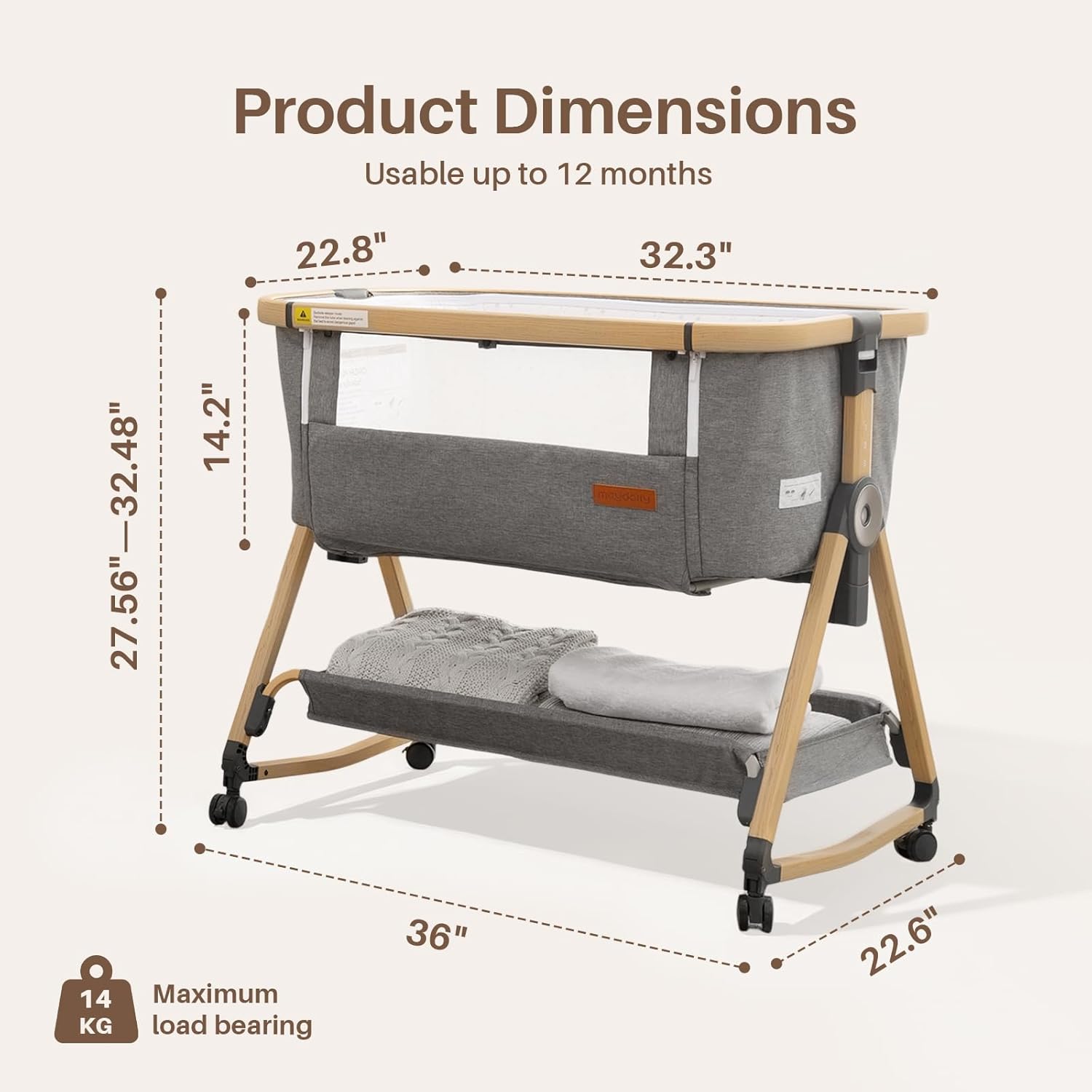 Maydolly Baby Bassinet & Bedside Sleeper, 3 in 1 Rocking Bassinet with Mattress & Sheet, Adjustable Height, Removable Breathable Cover, Easy Folding Infant Crib (Grey)