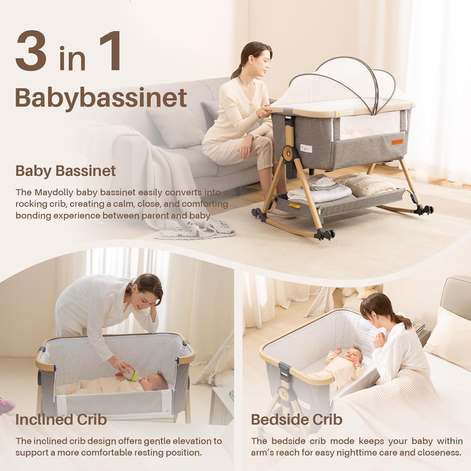 Alternative view of Maydolly Baby Bassinet & Bedside Sleeper, 3 in 1 Rocking Bassinet with Mattress & Sheet, Adjustable Height, Removable Breathable Cover, Easy Folding Infant Crib (Grey)