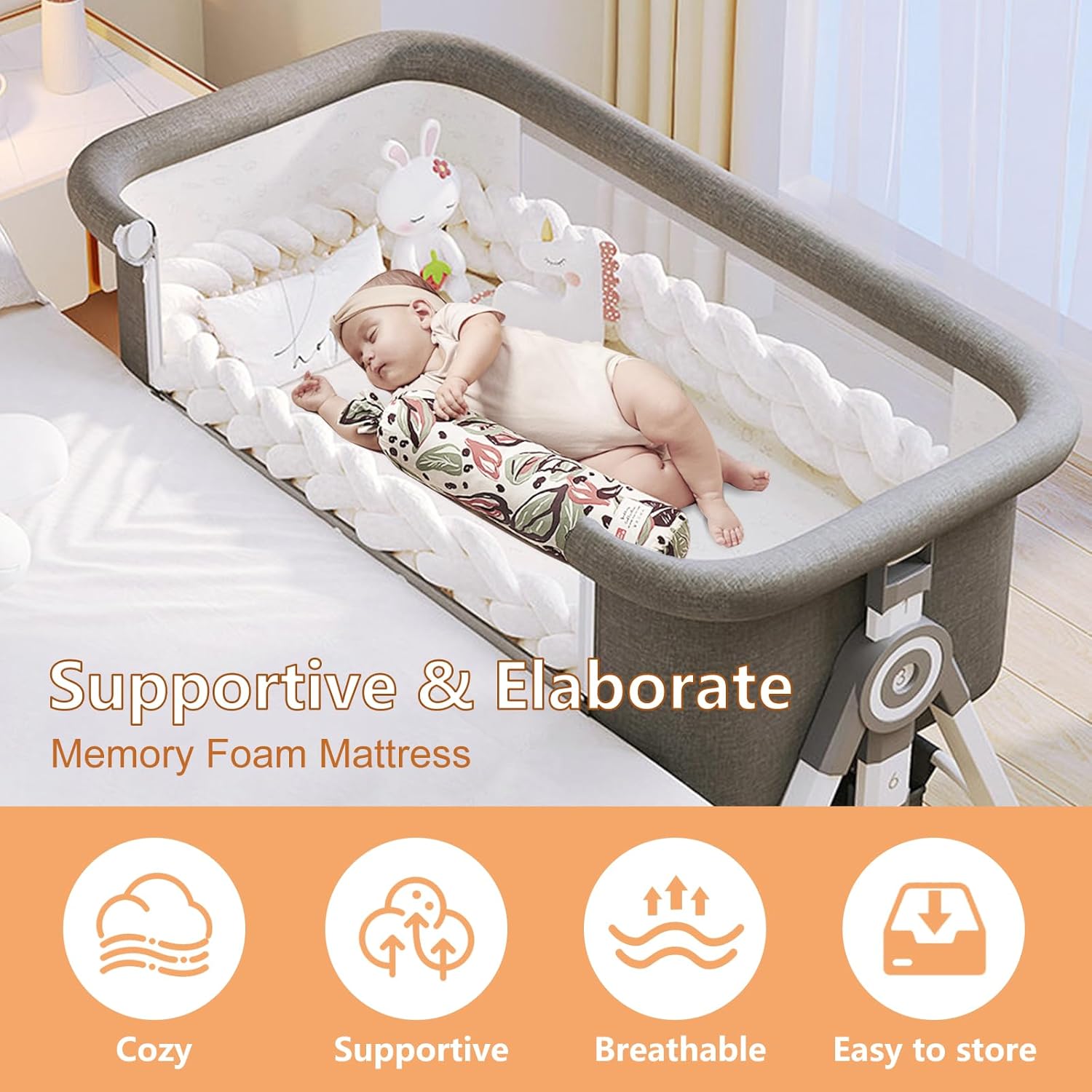 4 in 1 Baby Bassinet, Rocking Bassinets Bedside Sleeper with Comfy Mattress and Wheels, 6 Height Adjustable Easy Folding Portable Bedside Crib for Newborn Infant