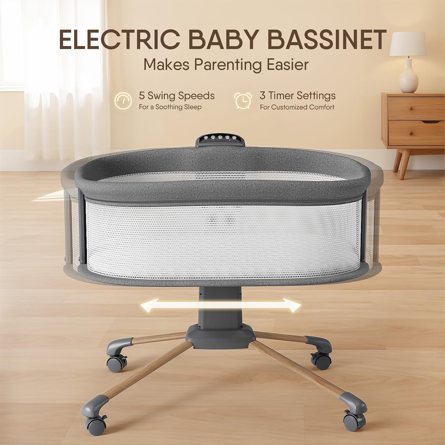 Alternative view of Electric Smart Soothing Baby Bassinet with 5 Rocking Speeds, 3 Timer Modes, 12 Soothing Musics, 3 Adjustable Heights, Breathable Mesh Sides and Mosquito Net