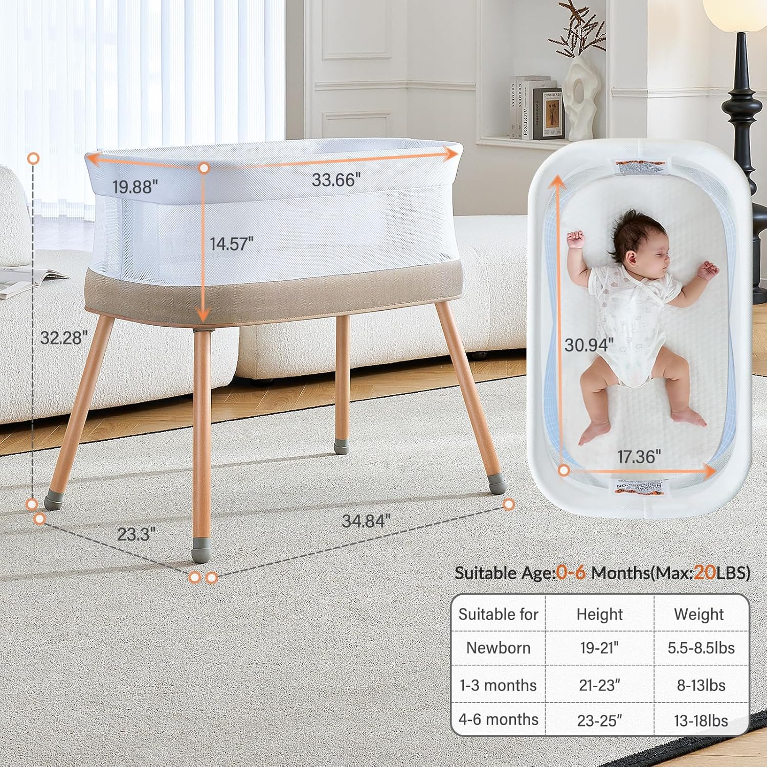 VaVaSoo Automatic Rocking Bassinet, Electric Baby Bassinet with Automatic Rocking Motions and Soothing White Noise, Bedside Crib for Baby 0-6 Months, Self-Rocking Sleeper, Brownish-Yellow