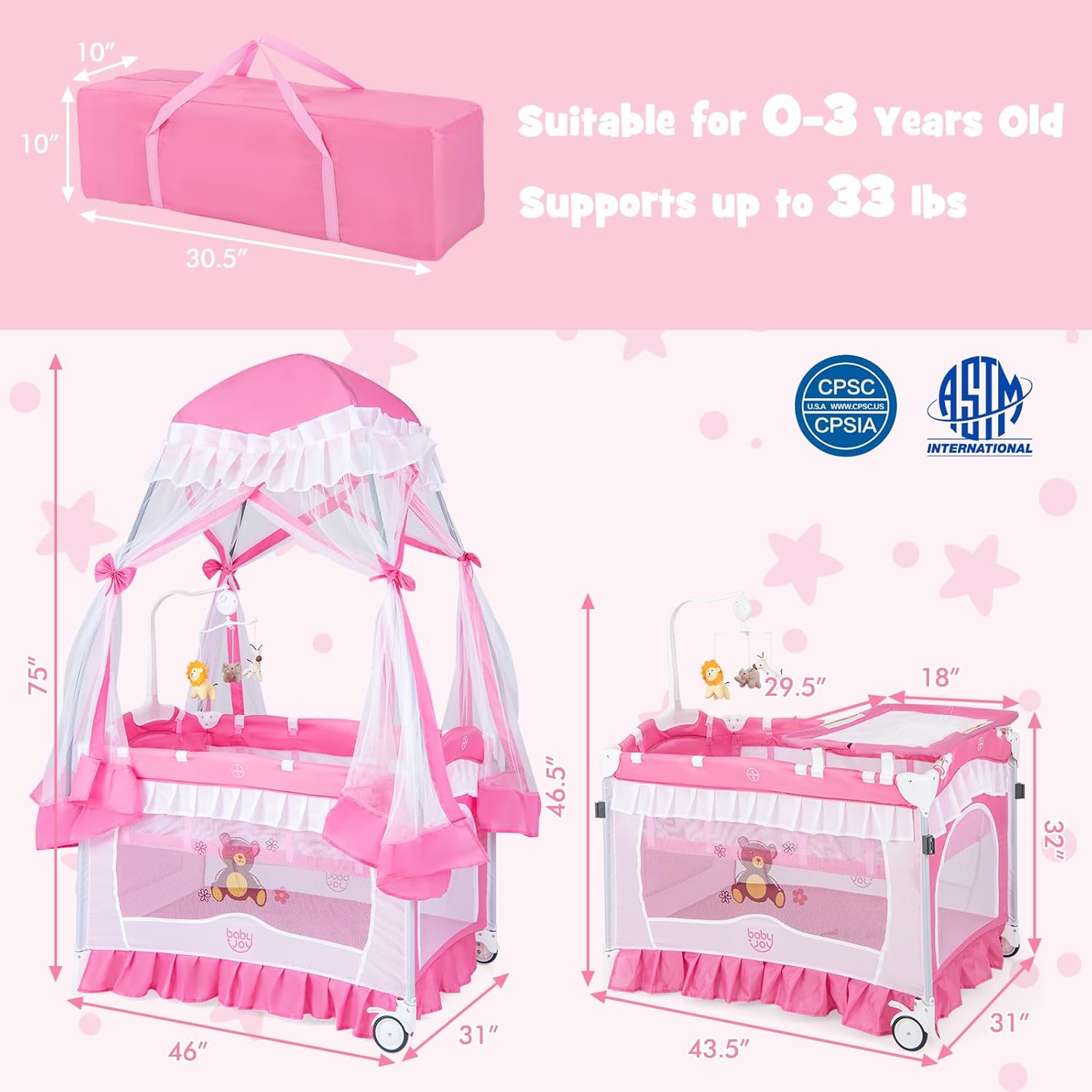 Alternative view of BABY JOY 4 in 1 Pack and Play with Canopy, Portable Baby Playard with Bassinet, Double-Layer Baby Crib, Wheels & Brake, Foldable Baby Girl Pink Princess Bassinet from Newborn to Toddler