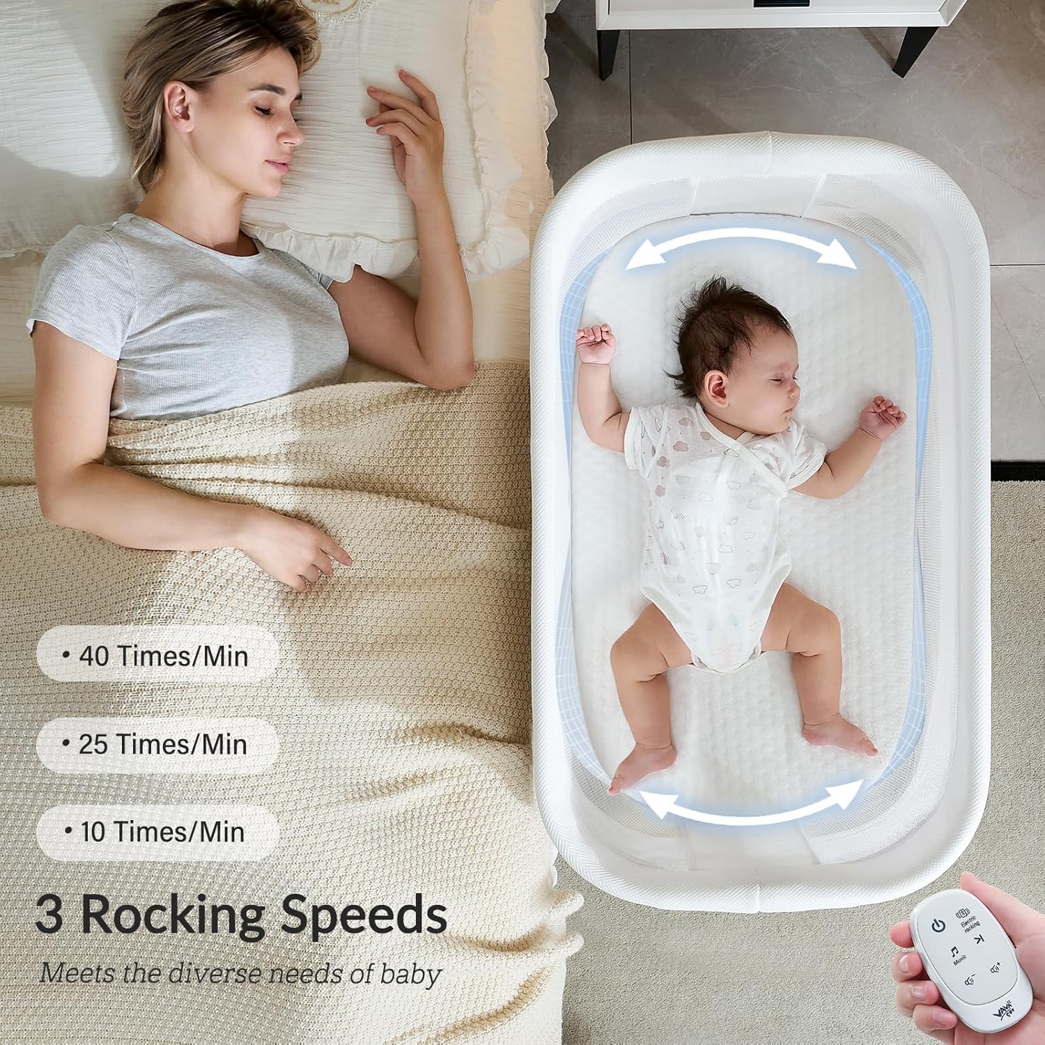Alternative view of VaVaSoo Automatic Rocking Bassinet, Electric Baby Bassinet with Automatic Rocking Motions and Soothing White Noise, Bedside Crib for Baby 0-6 Months, Self-Rocking Sleeper, Brownish-Yellow