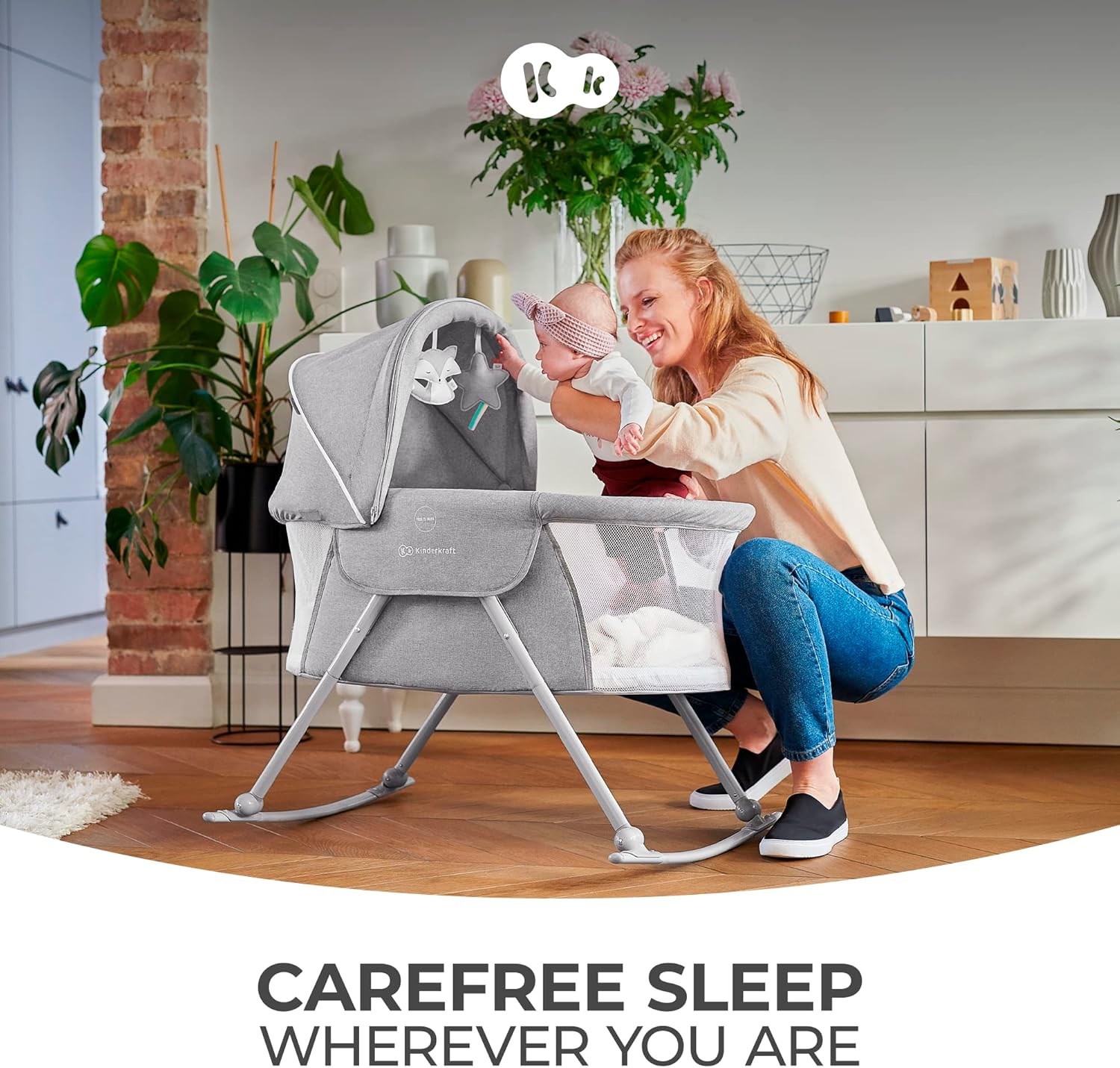 Alternative view of Kinderkraft LOVI Travel Bassinet for Baby, Portable Folding Baby Bed with Built-in Mosquito net, Adjustable Hood and an Additional Cradle Function, Beige