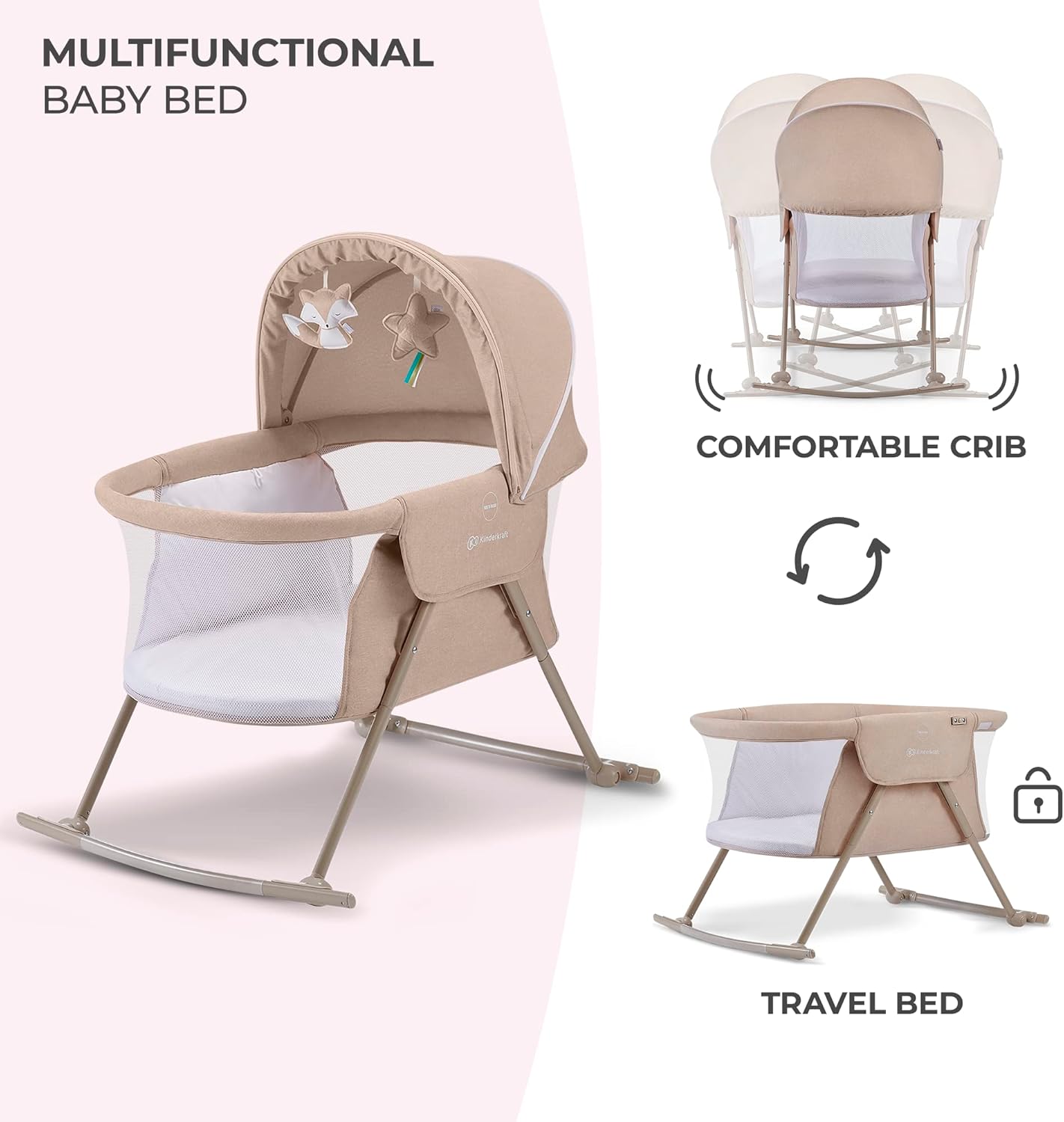 Kinderkraft LOVI Travel Bassinet for Baby, Portable Folding Baby Bed with Built-in Mosquito net, Adjustable Hood and an Additional Cradle Function, Beige - Image 3