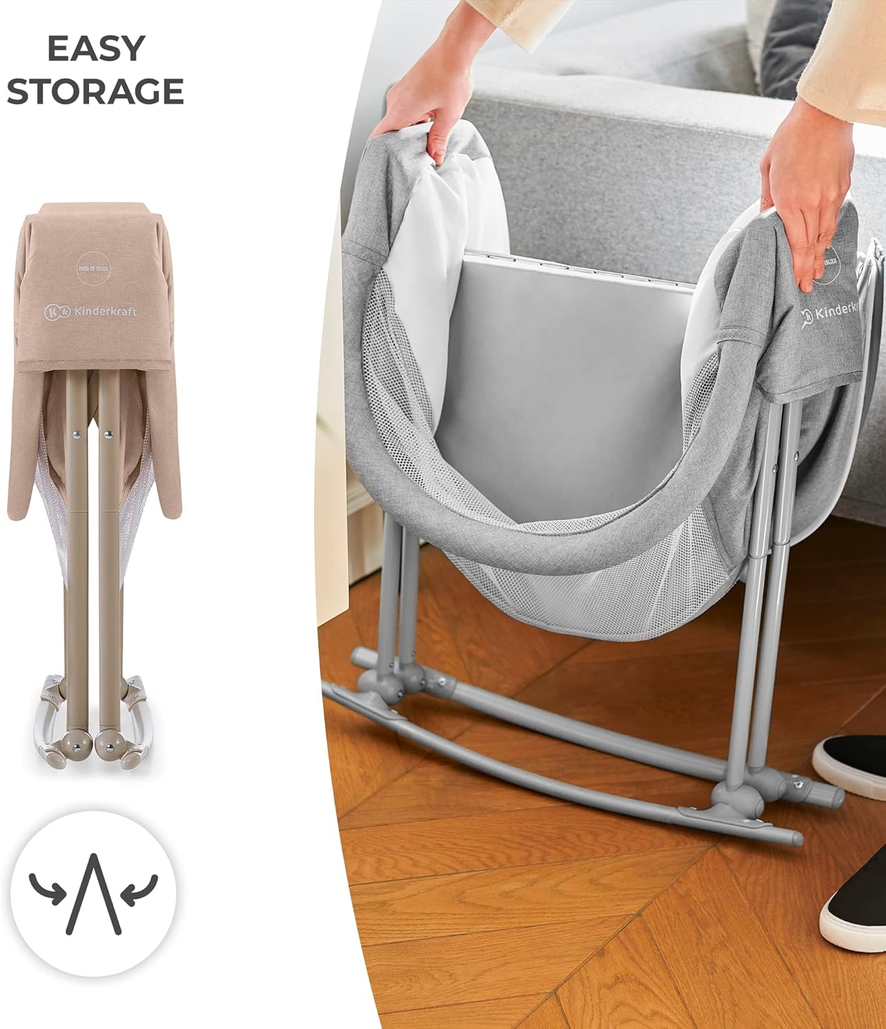 Kinderkraft LOVI Travel Bassinet for Baby, Portable Folding Baby Bed with Built-in Mosquito net, Adjustable Hood and an Additional Cradle Function, Beige - Image 4